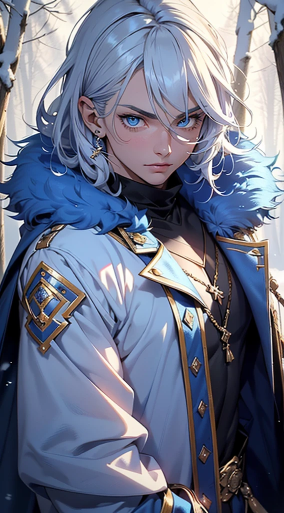 male, Muscle, 1st grade, muscular, 25 year old man,young,1 Man,(((1Male,1 masculine, 1 man, 1 Man,Man:1.5,male gender:1.5,handsome man,Male focus))) ,((((goatee)))),Perfect Body,an extremely delicate and beautiful and detailed face,short hair, (((blue eyes:1.3))),intricate eyes,beautiful detailed eyes,symmetric eyes, light blue hair, perfect face,light blue hair, nice hair style,(perfect hands, five fingers), perfectly proportions, ((Detailed face)),
smile, expressive eyes,
(ultra-detailed:1.3), Beautiful detailed gloss, finely detailed, ultra-detailed,
(Open Arab coat, Arabic fashion,coat of arabic coat, jeans,white shirt, masculine features, modern style,Arabic winter clothes),(((Arab blue fur coat, blue fur arabic coat outfit, wearing an Arab blue fur coat: 1.3,blue arabic winter coat))),((intricate clothing,intricate clothing)),
(dynamic pose:1.0),Embarrassed,(Centered,scale to fit dimensions,rule of thirds),
((Snowy pine forest at night)), with dark stormy clouds,winter,scenecy:1.25,((snowy forest background)),Christmas tree,
High,sharp focus,(ultra detailed,extremely detailed),(Photorealistic Art:1.37),(extremely detailed CG unit 8k wallpaper),(((vibrant colors,vibrant theme))),(intricate),(master part ),(best quality),