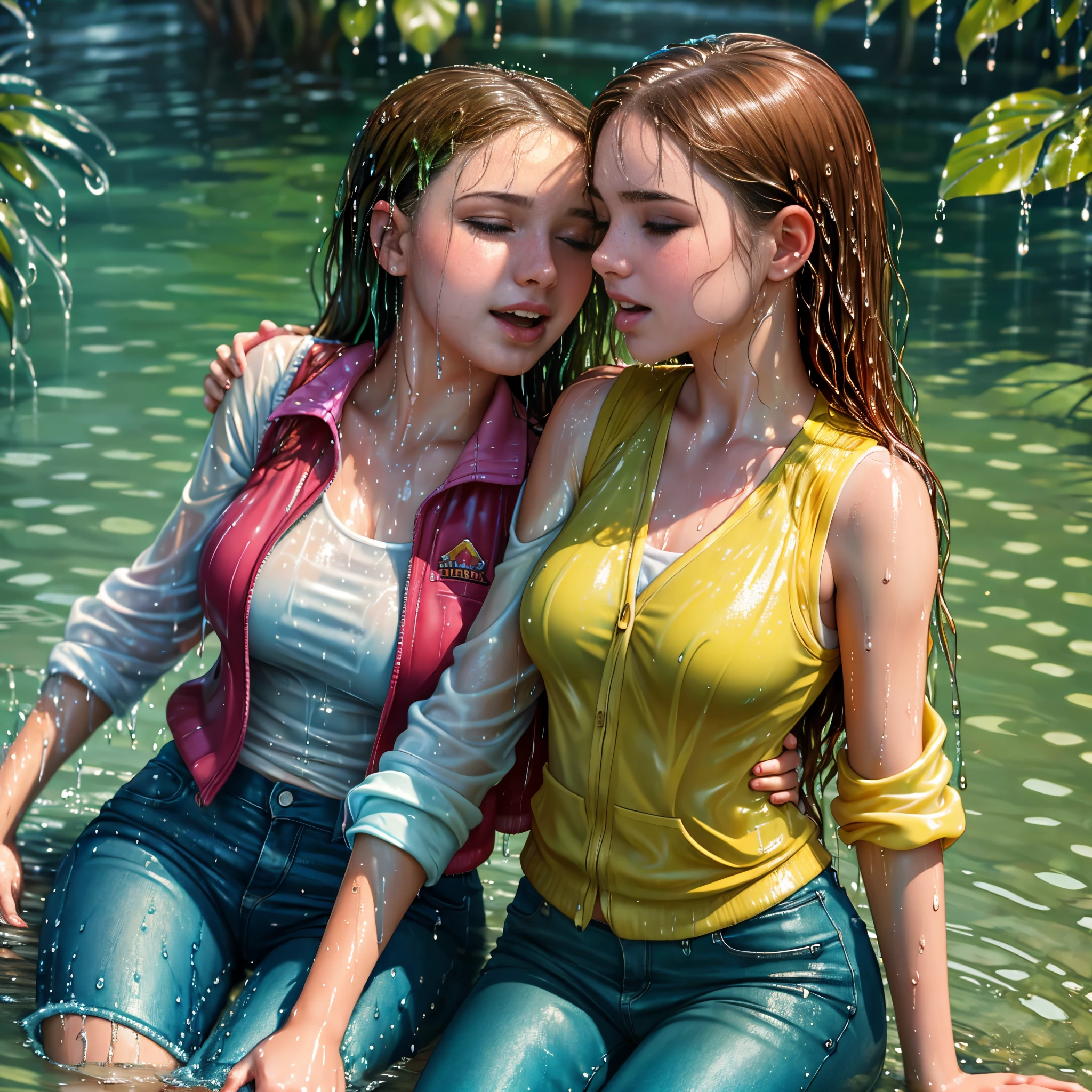 Two brazilian teen sitting in the water, girls, short and cute, kissing with tongue, playful, shapely, layered clothing, (long sleeved shirt), (vest), (denim pants), colorful clothes, glistening wet, clinging, closeup fantasy with water magic, beautiful maidens, lesbian, looking at each other, leaning in, touching, lips touching, wearing clothes made of water, realistic oil painting, dripping wet, in water up to their shoulders, beautiful realistic photo, nymph in the water, hyperrealist portrait in a river, hyperrealistic fantasy photo, splashing, realistic fantasy painting, cute shot, narrow depth of field, 8k, ((drenched)), ((soaked)), ((dripping water)), dripping oil, heavy clothes, soaked in oil, wet all over, wet dripping hair, varied poses, wet hair
