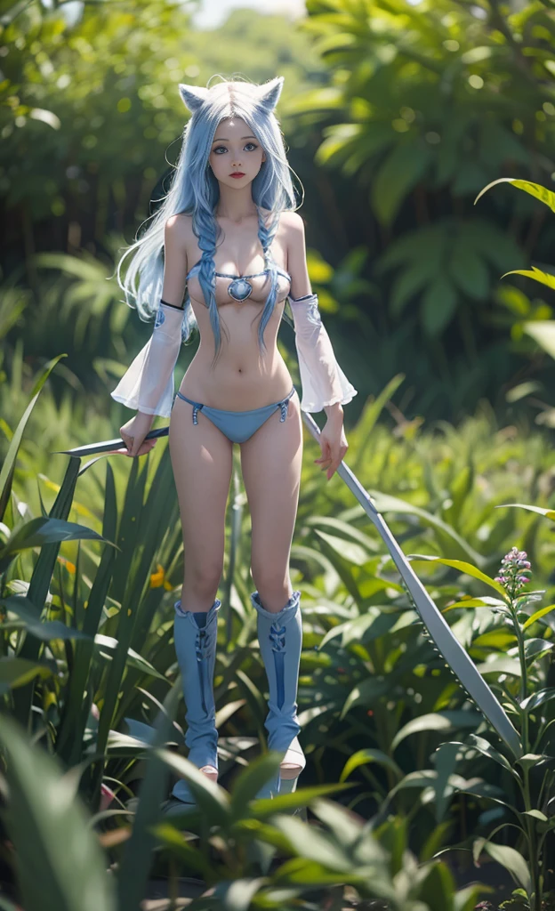 the hair,Nice face,blue bikini armor,Heterochromatic pupil,Full body photo,half moon,Seafront