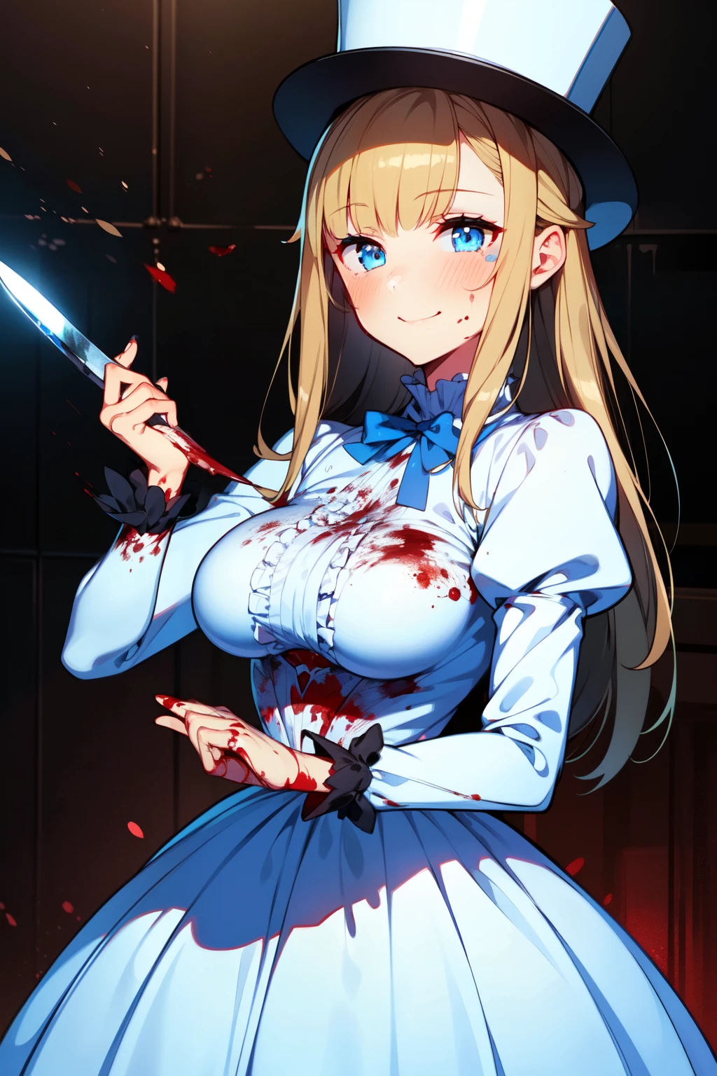 (1girl, solo), blonde hair, side ponytail, (blue eyes:1.5), long hair, (medium breast:1.2), (hair ribbon, juliet sleeves, long sleeves, puffy sleeves, white dress:1.5, frills, top hat, black top hat, hat, hat flower,) looking at viewer, smile, blush, blood, blood on face, blood on clothes, blood on hands, holding knife, knife, indoors, (masterpiece:1.2), best quality, high resolution, unity 8k wallpaper, (illustration:1.5), anime style, (beautiful detailed eyes:1.6), extremely detailed face, perfect lighting, extremely detailed CG, (perfect hands, perfect anatomy),