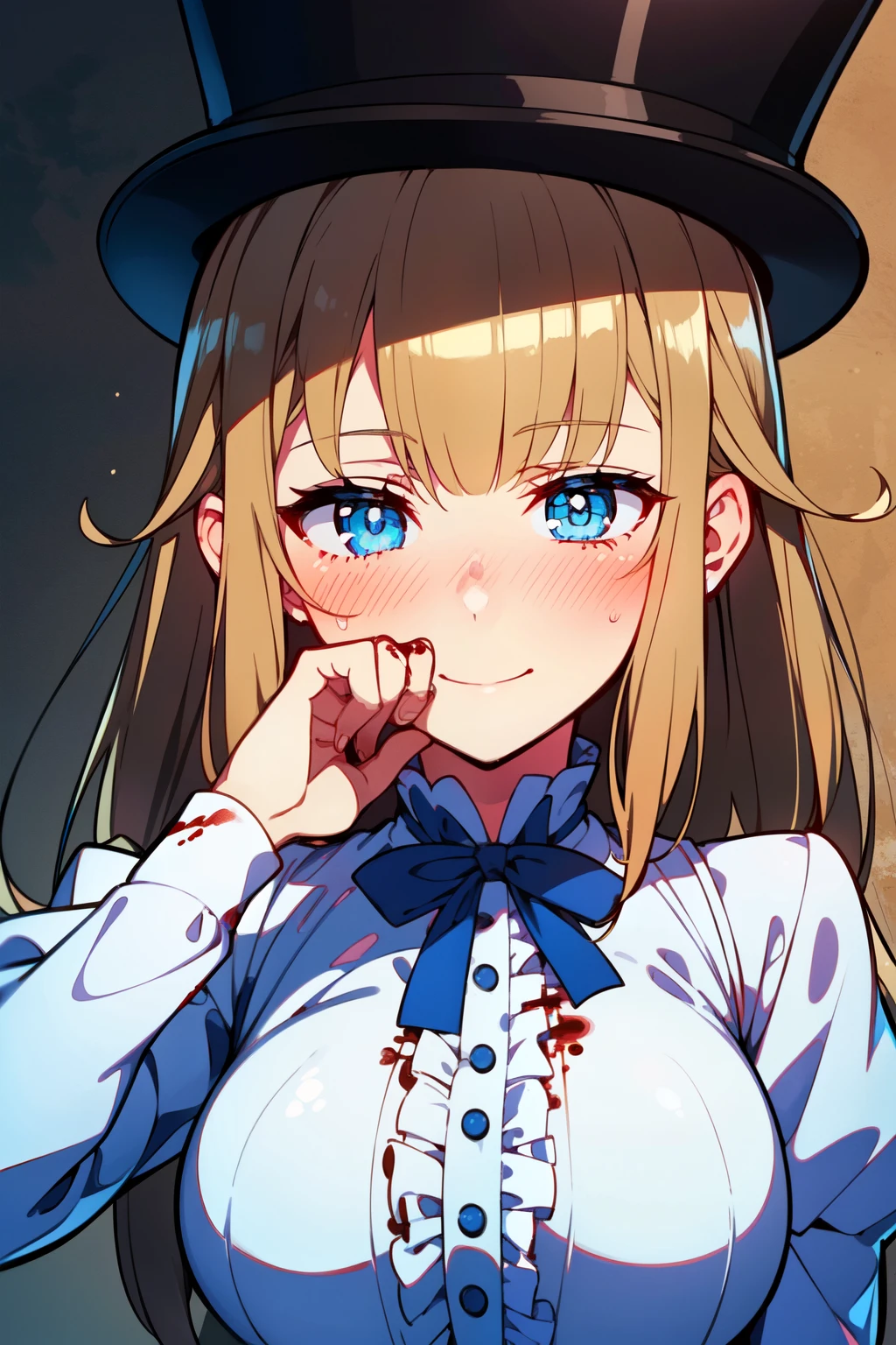 (1girl, solo), blonde hair, side ponytail, (blue eyes:1.5), long hair, (medium breast:1.2), (hair ribbon, juliet sleeves, long sleeves, puffy sleeves, white dress:1.5, frills, top hat, black top hat, hat, hat flower,) looking at viewer, smile, blush, blood, blood on face, blood on clothes, blood on hands, holding knife, knife, indoors, (masterpiece:1.2), best quality, high resolution, unity 8k wallpaper, (illustration:1.5), anime style, (beautiful detailed eyes:1.6), extremely detailed face, perfect lighting, extremely detailed CG, (perfect hands, perfect anatomy),