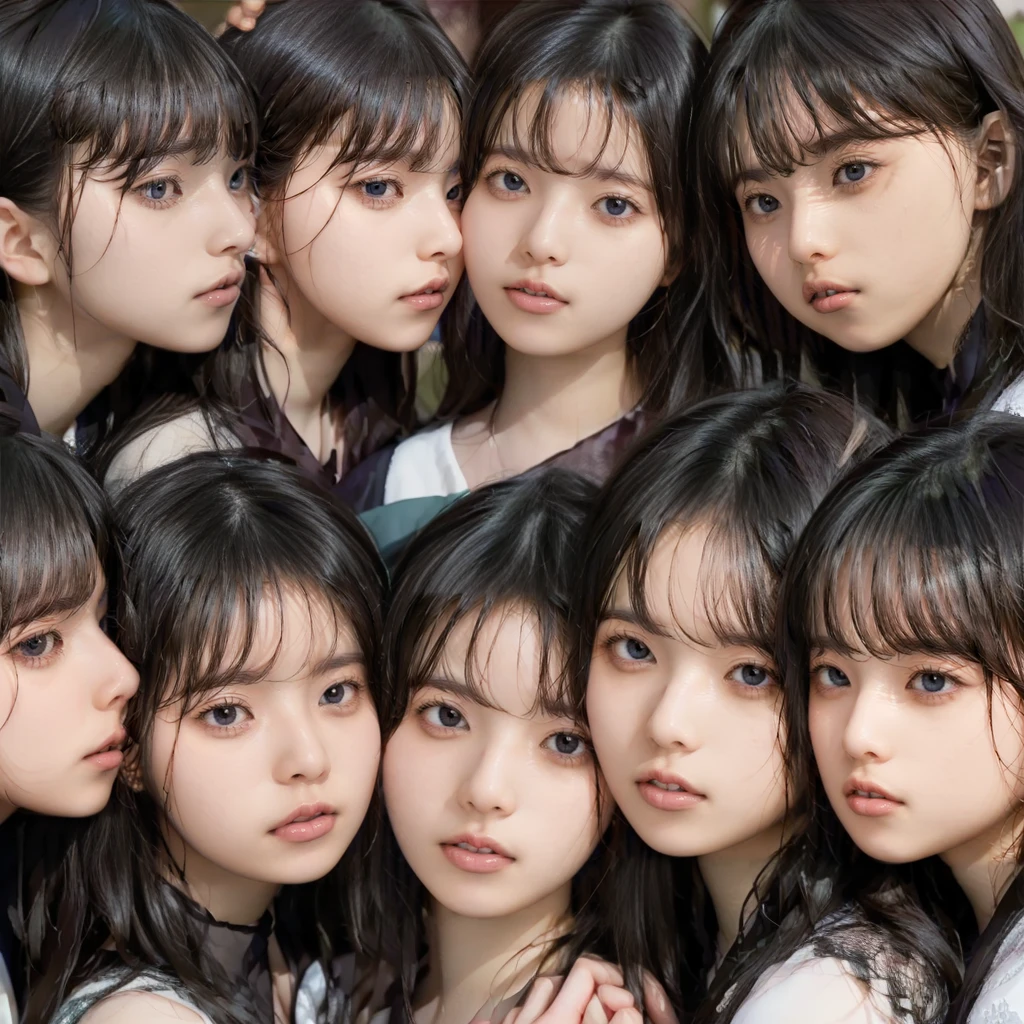 Raw photo、((5girls)),Open eyes、Five women kissing and loving each other、The same face、A dark-haired、a smile、same person、(lesbian orgy)