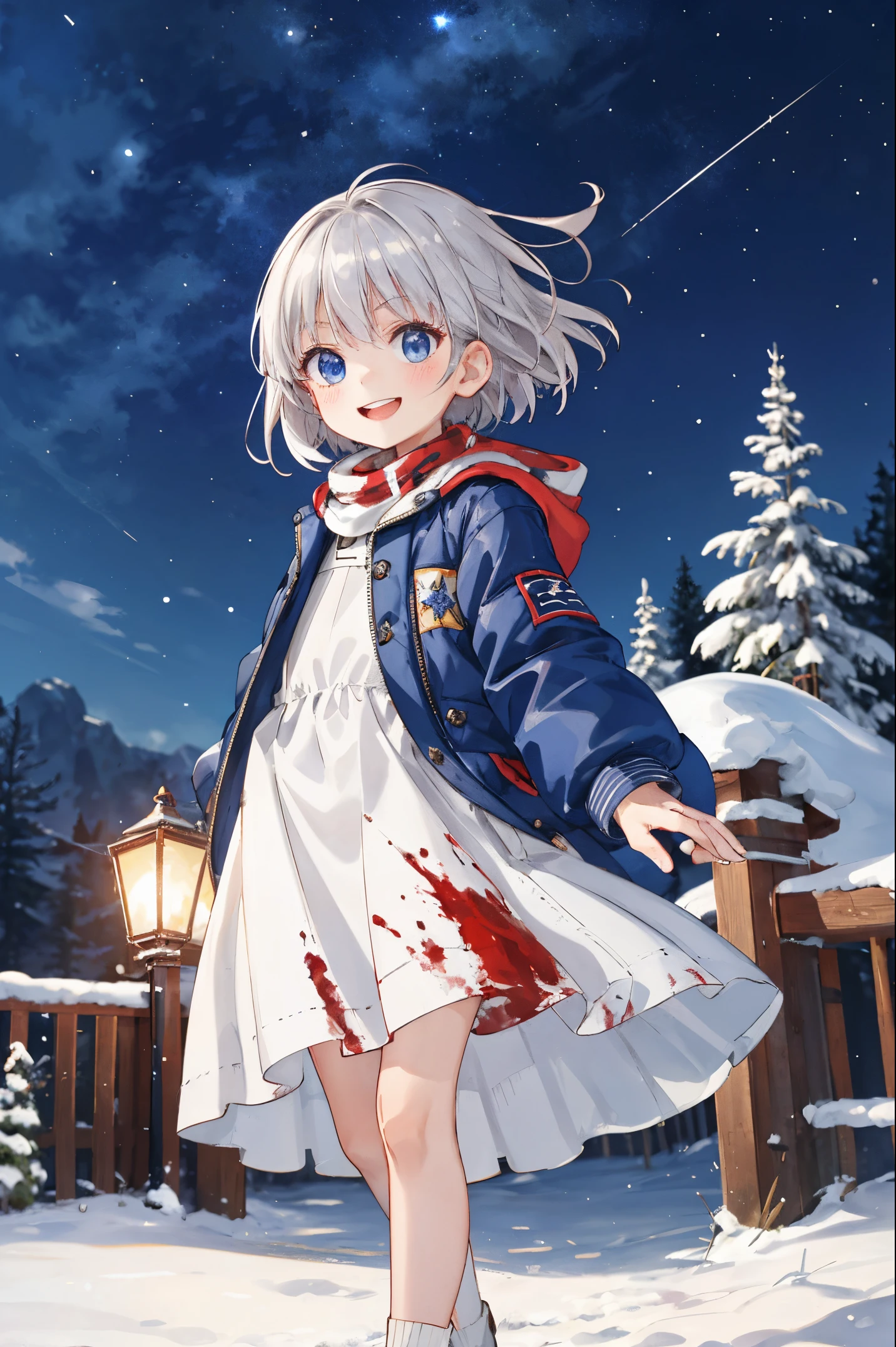 Best Quality, ultra-detailliert, Wear a down jacket over your naked body, 1 young girl（8ars old）,a beauty girl，（Hair that flutters in the wind）Silver-haired shorthair，A smile， bloody hands,  region: Russians，season：Winters，Perfect limbs，natta，The night sky shines