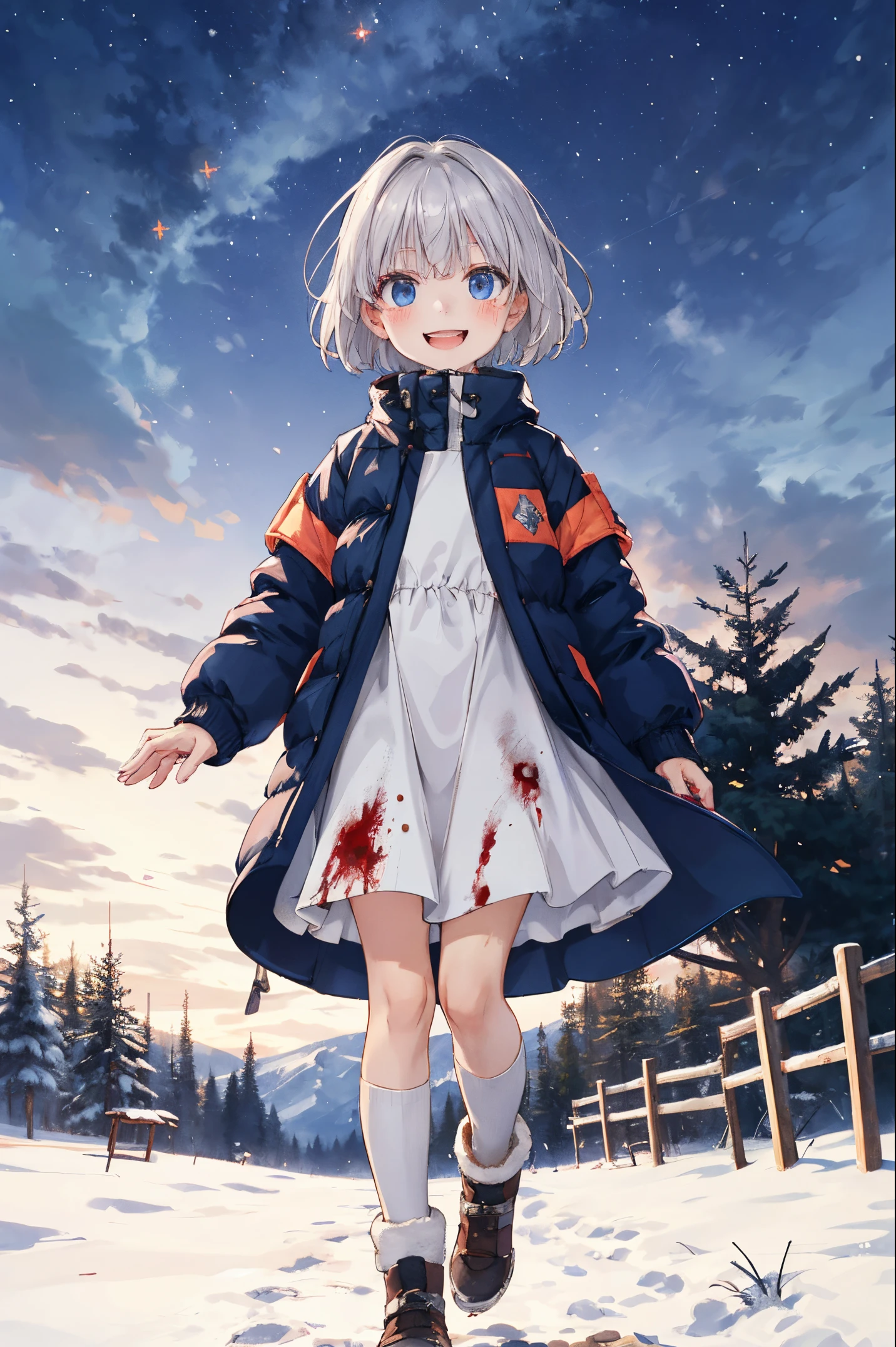 Best Quality, ultra-detailliert, Wear a down jacket over your naked body, ****ung girl（8years old）,a beauty girl，（Hair that flutters in the wind）Silver-haired shorthair，A smile， bloody hands,  region: Russians，season：Winters，Perfect limbs，natta，The night sky shines