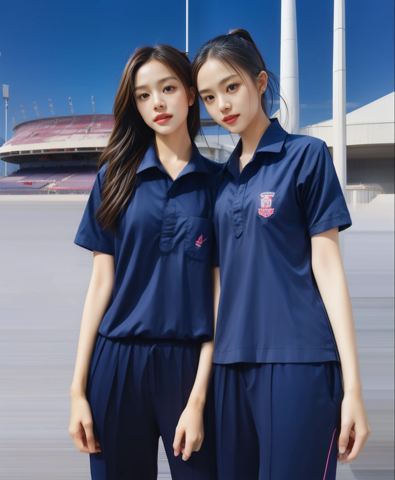 (bestquality,10,10,highres,masterpiece:1.2),ultra-detail,(Realistic,photorealistic portrait,photo-realistic:1.37),1 Cute girl in the football field,oily shiny skin,bara,light smile,BDclothelue shirt:1.3)),short sleeves,shirt, trousers.,(navy_long_Pants Track:1.1), ((Stadium Background:1.3)),dynamic angle,excited,face focus,Dynamic Poses,from behide,Ass Focus,masterpiece, bestquality, ultra realistic, hyper-detail, 8k resolution, RAW photo, crisp focus, ((Navy blue shirt:1.1)), short sleeves, Long Path, Perfect body, 2 mature women, 18yo, cinematic light,Blue sweatpants,Gymware,Correct anatomy,Complete body, Correct body, sharp face, Anatomically correct body, full entire body, Realistic gestures, long-haired, Realistic poses,Wear long shorts.................................,Long leg span,Shapely,Sculpting Girl, Slender Figure, mannequin mannequins, Shapely, Beautiful body,Blue sweatpants, Two girls kissing