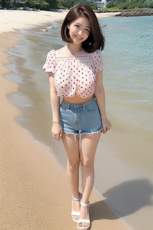 Innocent Japanese girl,High Teenager
(Detailed body,the bust is small,are small,Constricted waist,big breasts thin waist,thick butt,Thick thighs,Thick calf,Larger buttocks,white sandals on feet)
(detailed photo composition,standing tall on the sandy beach,FULL BODYSHOT,full body shot,Shot straight ahead,Standing,I'm looking down)
(A detailed face,elongated facial contour,a little bit smile,Sharp cheeks,Round chin,neat nose)
(A detailed eye,Looking at the camera,skinny cheeks,Round chin,Slender eyes,Beautiful eyes,Dark blue eyes)
(Detailed hair,Bob cut hair,a little brown hair)
(detailed costume,Transparent short-sleeved blouse with red polka dots on white background,fluttering red miniskirt,Navel Ejection)
(Detailed shooting location,beach,sand beach)