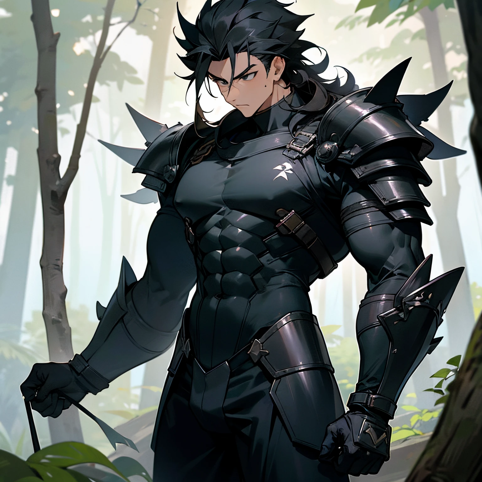 Content: A tall, brown-skinned man with a muscular frame stands confidently in a black military outfit. His short, spiky black hair complements his striking green eyes, which are filled with intensity. Scars mark his face, adding to his rugged and battle-hardened appearance. He wears black leather combat boots that enhance his imposing presence. His stance is firm and authoritative, exuding strength and determination.

Medium: Digital art, character illustration.

Style: Inspired by military-themed anime and video games, with a focus on realistic yet stylized details. The art style captures the essence of a seasoned soldier, combining elements of anime character design with a gritty, realistic touch.

Lighting: Dramatic lighting with strong contrasts to highlight the man’s muscular frame and the details of his military outfit. Shadows play across his scars and facial features, emphasizing his rugged appearance.

Colours: A monochromatic palette dominated by shades of black and dark gray, with subtle highlights to bring out the textures of his outfit and the green of his eyes.

Composition: A full-body shot with a 50mm lens, focusing on the man’s imposing figure. The background is simple and dark, ensuring that the focus remains on his powerful presence and detailed design.