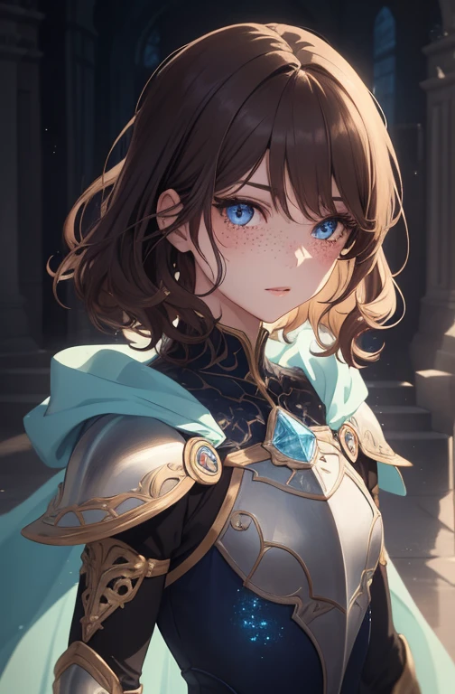 1girl, beautiful anime girl, short wavy brown hair, freckles. crystal armor, armor made of crystals, blue cape, long skirt, dark eyelashes, perfect eyes, perfect face, intricate, intricate details, epic, character portrait, cinematic portrait, anime, anime art