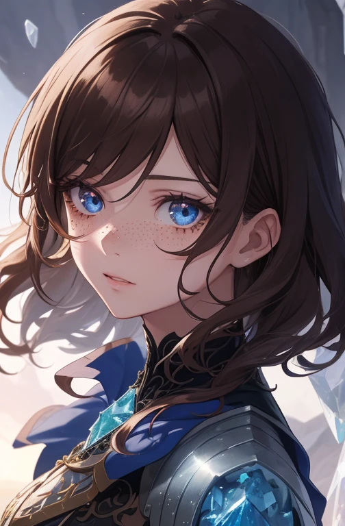 1girl, beautiful anime girl, short wavy brown hair, freckles. crystal armor, armor made of crystals, blue cape, long skirt, dark eyelashes, perfect eyes, perfect face, intricate, intricate details, epic, character portrait, cinematic portrait, anime, anime art