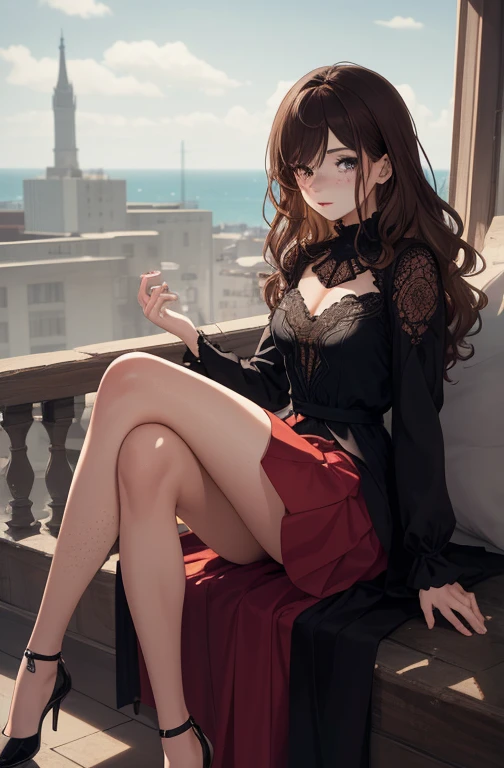 1girl, beautiful woman, medium wavy brown hair, freckles, dark eyelashes, perfect eyes, perfect face, long skirt, intricate, intricate details, anime, sitting down, legs crossed