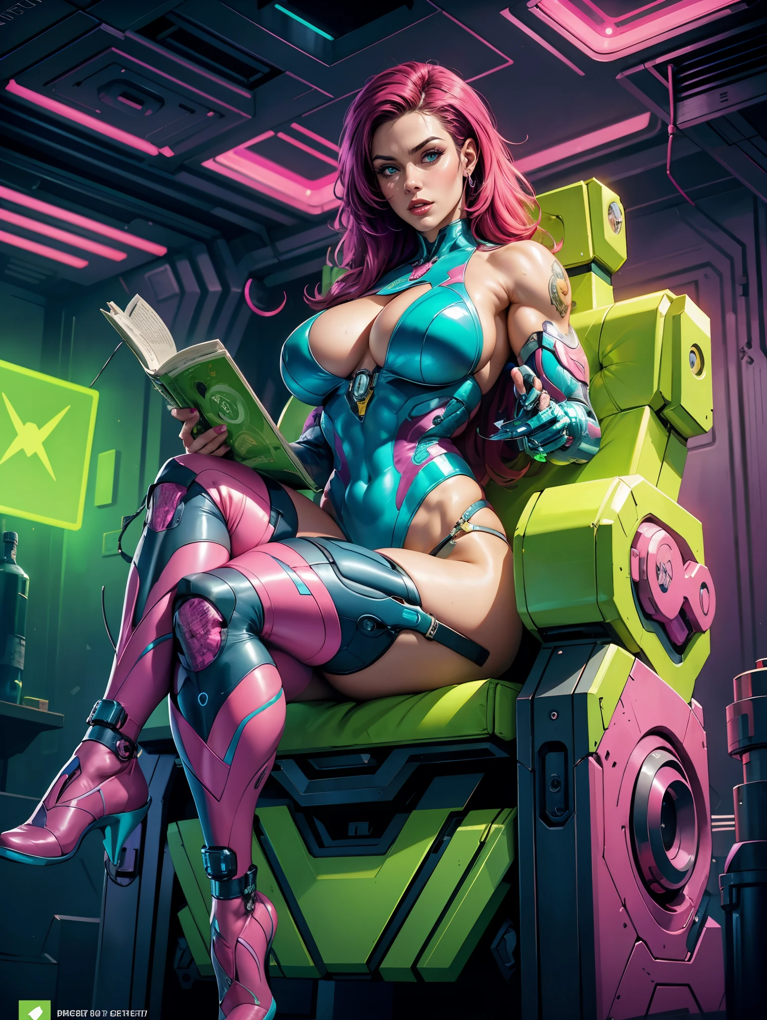 Alison Tyler as a bodybuilder cyborg with bionic parts in your body, cyberpunk swinsuit, pink-white-lime green, reading a magazine leaning on your crossed legs on the futuristic chair, futuristic lab, blueprint, photostudio composition, digital art, illustration concept art in the style of Artgerm and Adam Hughes