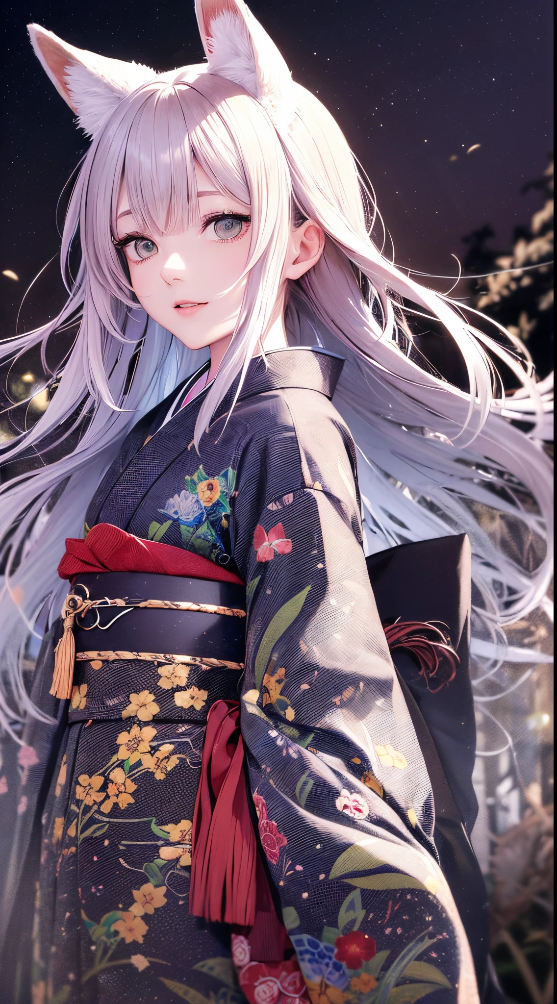Anime girl with long white hair wearing a kimono - SeaArt AI