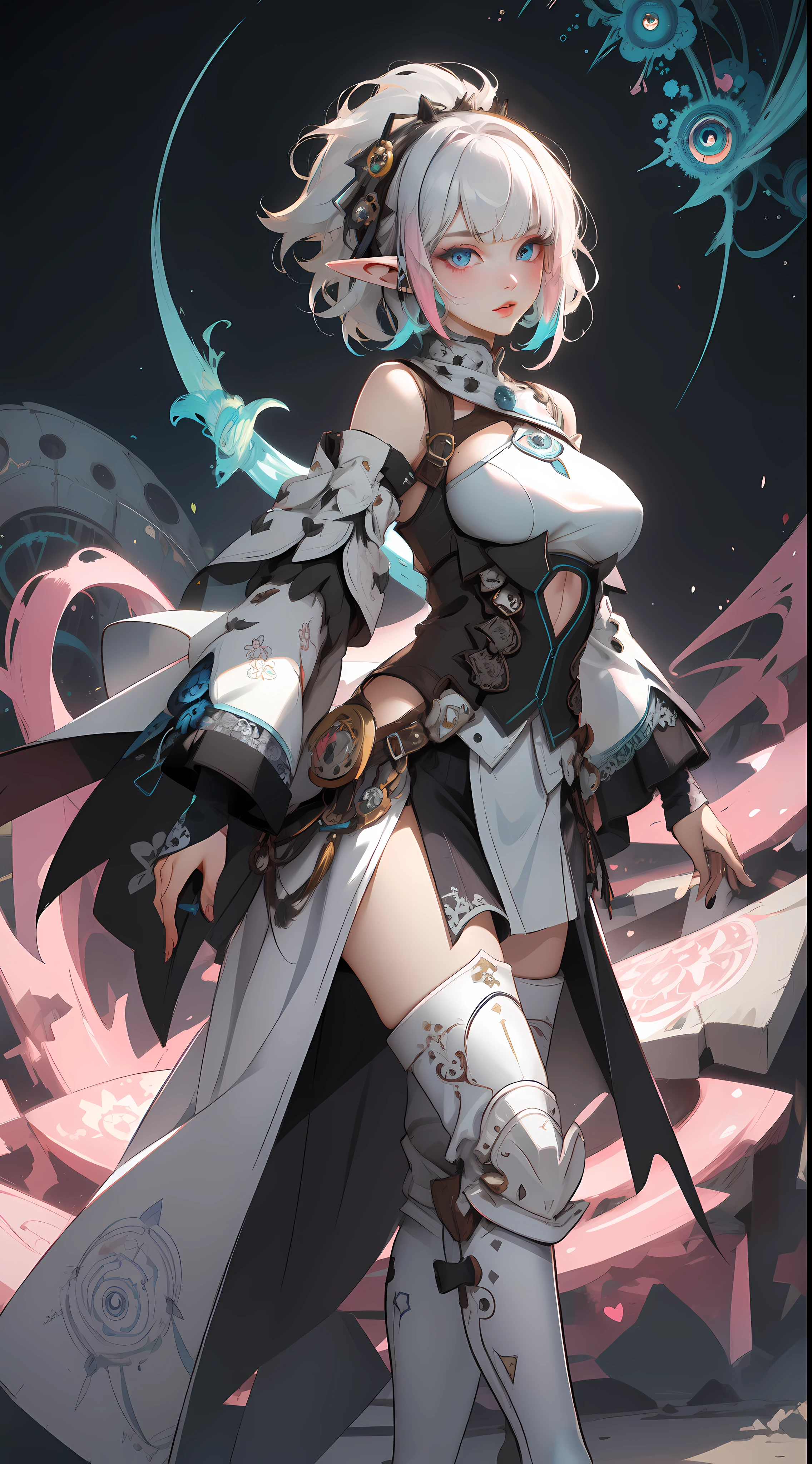 Combat action，closeup cleavage, The world of dreams, Dark Elf Maiden, curly ponytail, with brown skin , Long elven ears, humanoid creature, Light cloth armor, Her skin is brown, brown skin tone, 黑The eye, , Messy White Hair,low heel boots , armour, worn leather boots, tattoo is,bag on back