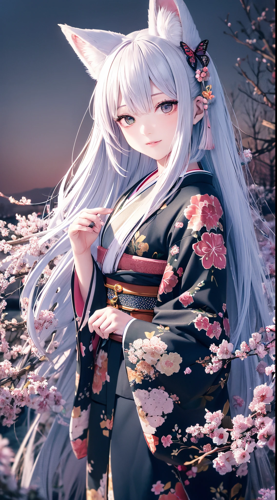 (highly detailed CG unity 16k wallpaper:1.1), (noise reduction strength:1.45), (t masterpiece:1.37), original, (very fine and beautiful), (perfect details), (unity CG 8k wallpaper:1.05), (beautiful crisp background:1.25), (one pretty girl (2 fox ears:0.9) with (fox tail on back:1.2) standing by the river:1.15). (pretty type:1.3), (detailed beautiful eyes:1.retty face:1.3), silver hair, silver ears, (pink hair:0.7), (pink ears:0.7), long hair, (Japanese Kimono:1.25), (wind blown hair:1.1), (blue eyes:1.1), ( Small Girl:1.1), Fluttering Butterfly, (Moonlight:0.6), Tree, (Summer-oriented), (Nighttime:1.2), (Gloves:0.8), Solo, (Illustrative), (Depth of Field:0.7), (Close-up :0.35), God Rays, Spark, Glowing Light, (Mastepiece) Translated with .DeepL.com/Translator (free version) -- --auto --s2