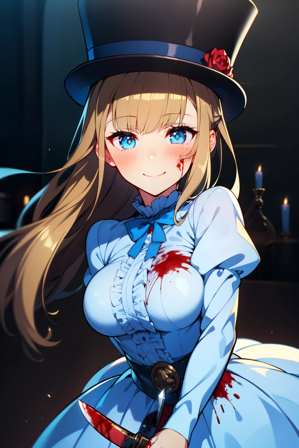 (1girl, solo), blonde hair, side ponytail, (blue eyes:1.5), long hair, (medium breast:1.2), (hair ribbon, juliet sleeves, long sleeves, puffy sleeves, white dress:1.5, frills, top hat, black top hat, hat, hat flower,) looking at viewer, shaded face, smile, blush, blood, blood on arm, blood on face, blood on clothes, blood on hands, holding knife, knife, indoors, (masterpiece:1.2), best quality, high resolution, unity 8k wallpaper, (illustration:1.5), anime style, (beautiful detailed eyes:1.6), extremely detailed face, perfect lighting, extremely detailed CG, (perfect hands, perfect anatomy),