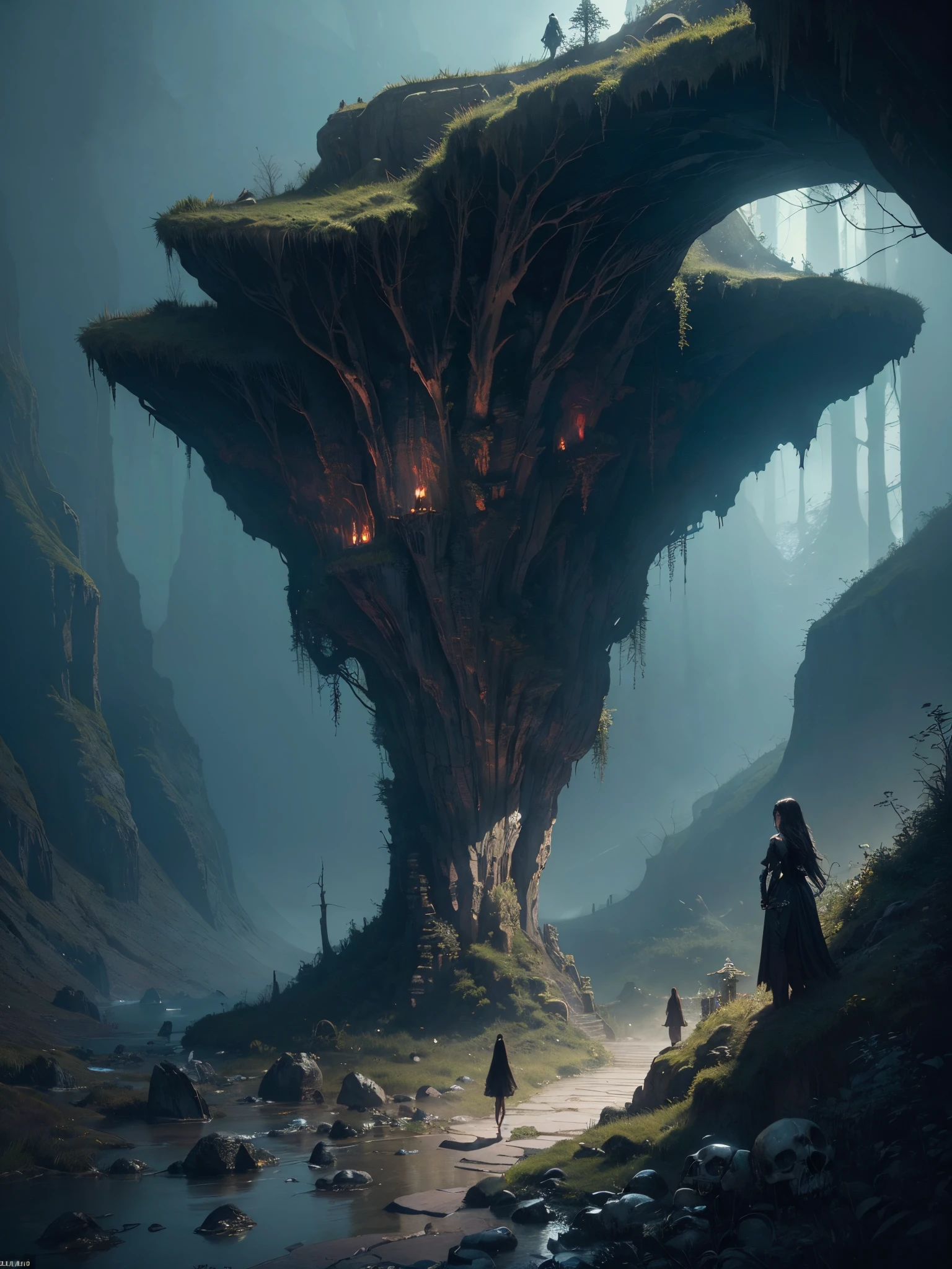 "(by Greg Rutkowski: 1.2), (masterpiece), (best quality), extremely delicate and beautiful, illustration, (fantasy landscape), A mesmerizing fantasy landscape with enchanting elements blending seamlessly. (Majestic cave entrence), (adorned with spooky atmosphere surrounded with skulls). A sense of tranquility and wonder fills the air, inviting exploration and discovery, depth of field, HDR, intricate, delicate"