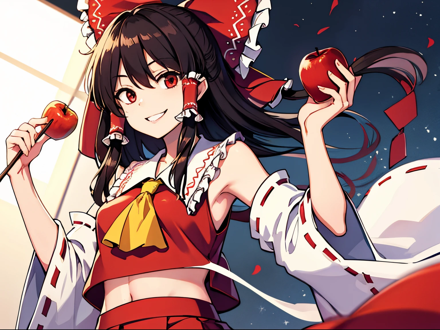 Hakurei Reimu,Touhou project, smile, half body, holding apple