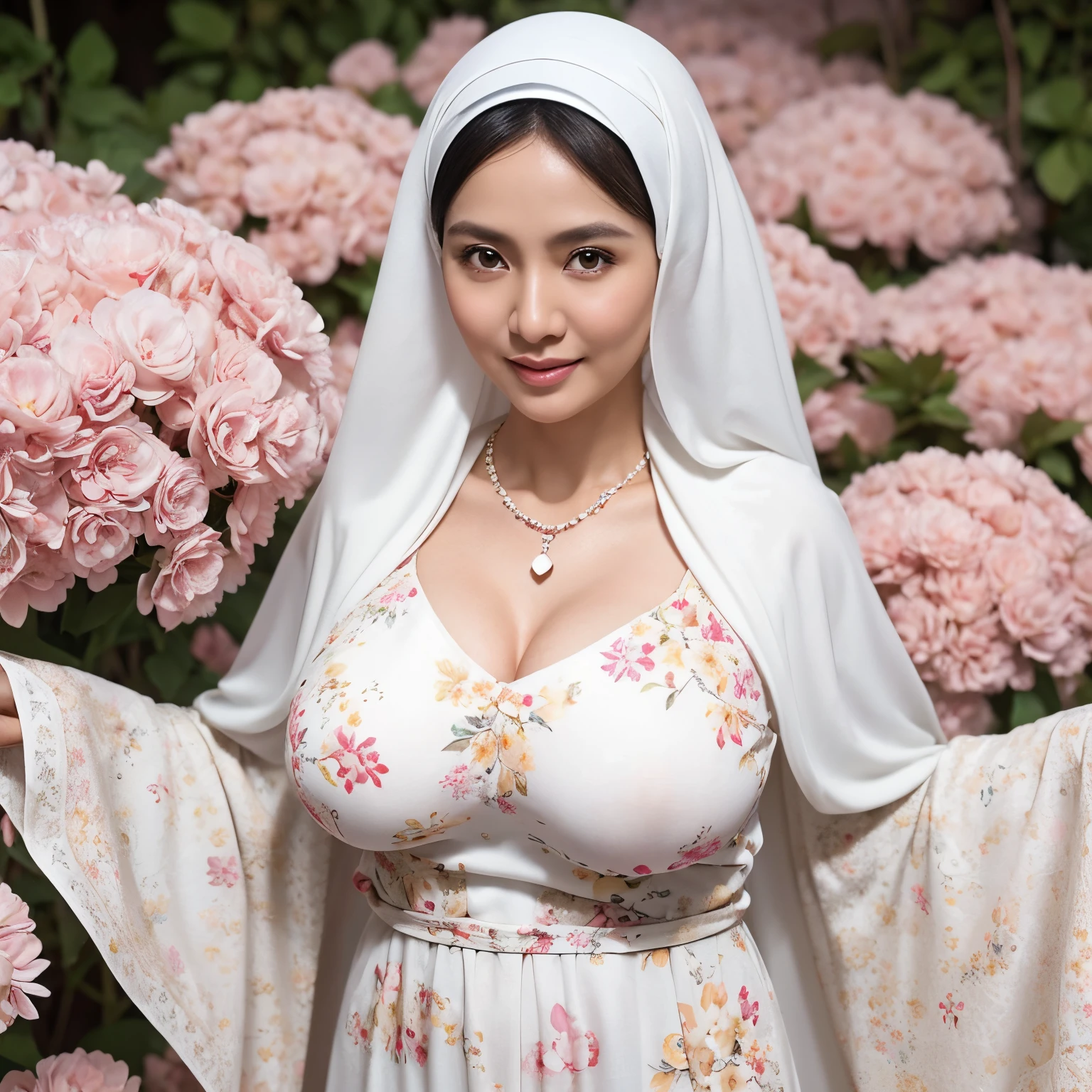 RAW, Best quality, high resolution, masterpiece: 1.3), naked Malay adult woman in hijab,Masterpiece, perfect slim fit body, (big breasts), big gorgeous eyes, Soft smile, naked Japanese adult, necklace, shairband, afternoon walk, City garden, Excellent lighting, Bright colors, Clean lines, wet body 