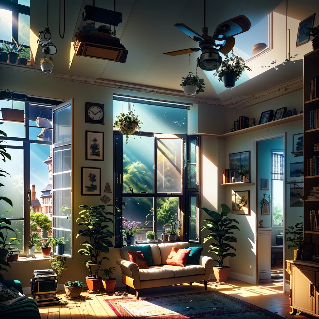 there is a living room with a couch, a chair, table and fan, Sunny bay window, Natural light in the room, Detailed natural lighting, Dramatic warm morning light, Real afternoon lighting, afternoon lighting, sunlight through the window, Ray Tracing Global Illumination, dramatic morning light, The sun shines through the window, A bright room, Interior of the house, liveroom, light comes from window