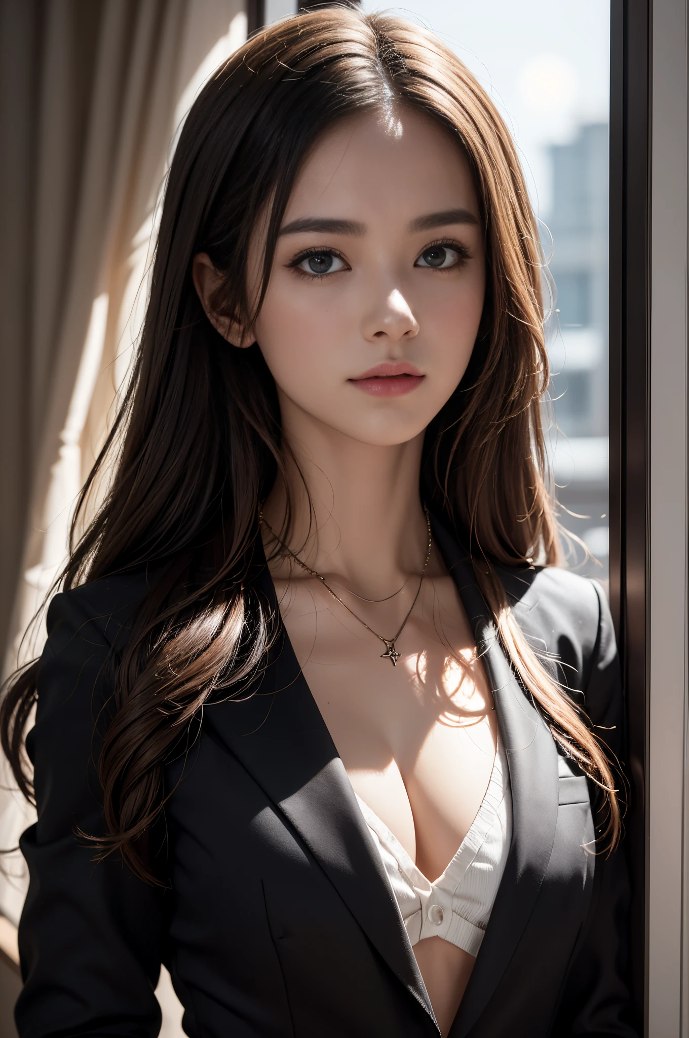 (Photoreal Stick:1.5, masutepiece:1.5, 8K), (top-quality, masterpiece, 超A high resolution), Perfect dynamic composition, Professional camera work:1.4, Highly detailed skin and facial texture:1.3, Mystical portrait:1.3, Grow Light Effect, The ultra-detailliert, 1girl in, ((Night view from inside the building, Please turn off the lights in the room, Dark atmosphere, The moonlight at night shines through the glass)), (V-neck shirt:0.8, black tailored suit suit jacket), Model body type, Clear face, Detailed hand, Beautiful and detailed eyes, (Enraptured look:0.8, i love you completely:0.8), A mouthfeel that feels beautiful eros, Dark brown medium hair, the chest is medium, a necklace