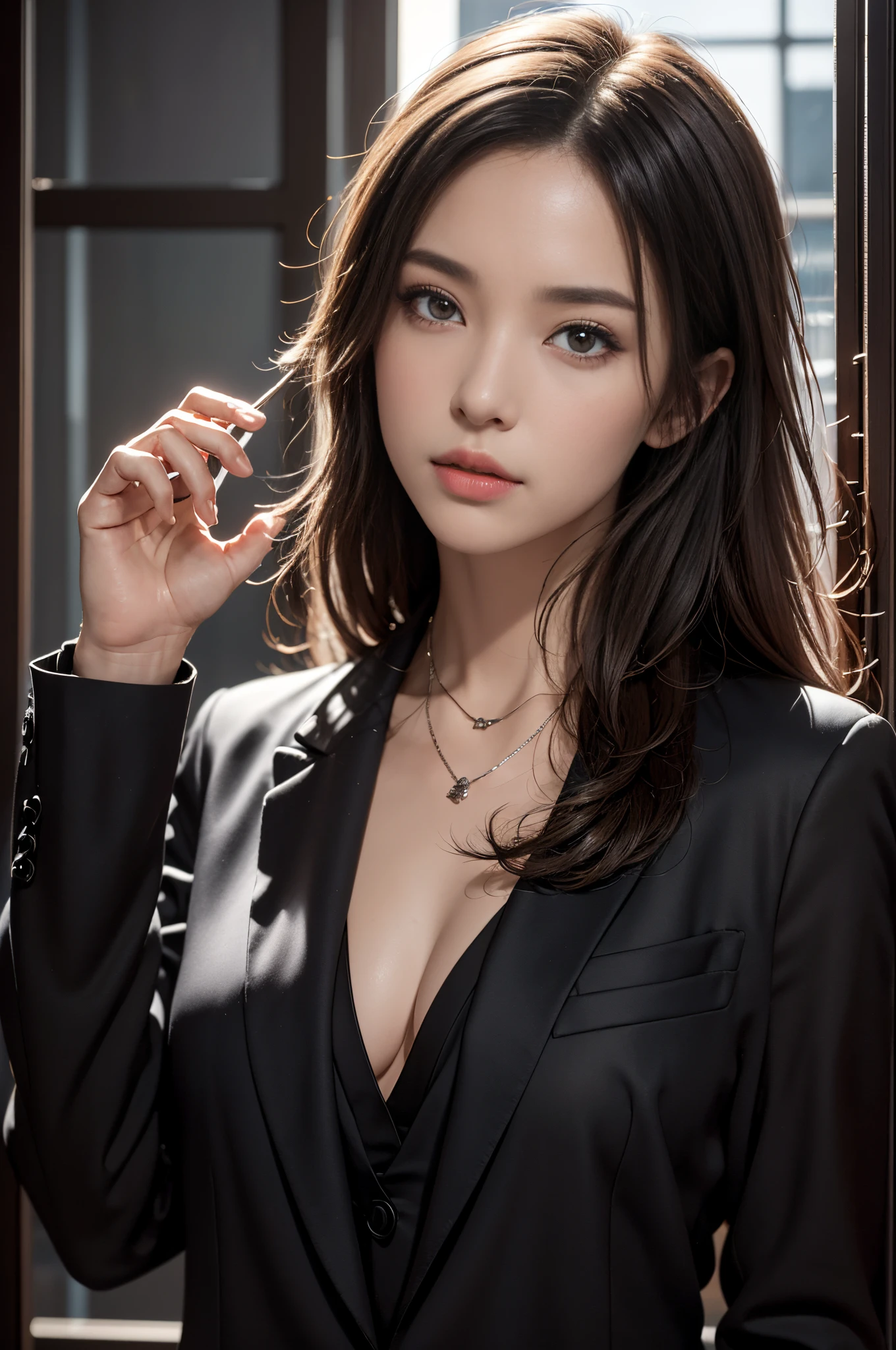 (Photoreal Stick:1.5, masutepiece:1.5, 8K), (top-quality, masterpiece, 超A high resolution), Perfect dynamic composition, Professional camera work:1.4, Highly detailed skin and facial texture:1.3, Mystical portrait:1.3, Grow Light Effect, The ultra-detailliert, 1girl in, ((Night view from inside the building, Please turn off the lights in the room, Dark atmosphere, The moonlight at night shines through the glass)), (V-neck shirt:0.8, black tailored suit suit jacket), Model body type, Clear face, Detailed hand, Beautiful and detailed eyes, (Enraptured look:0.8, i love you completely:0.8), A mouthfeel that feels beautiful eros, Dark brown medium hair, the chest is medium, a necklace