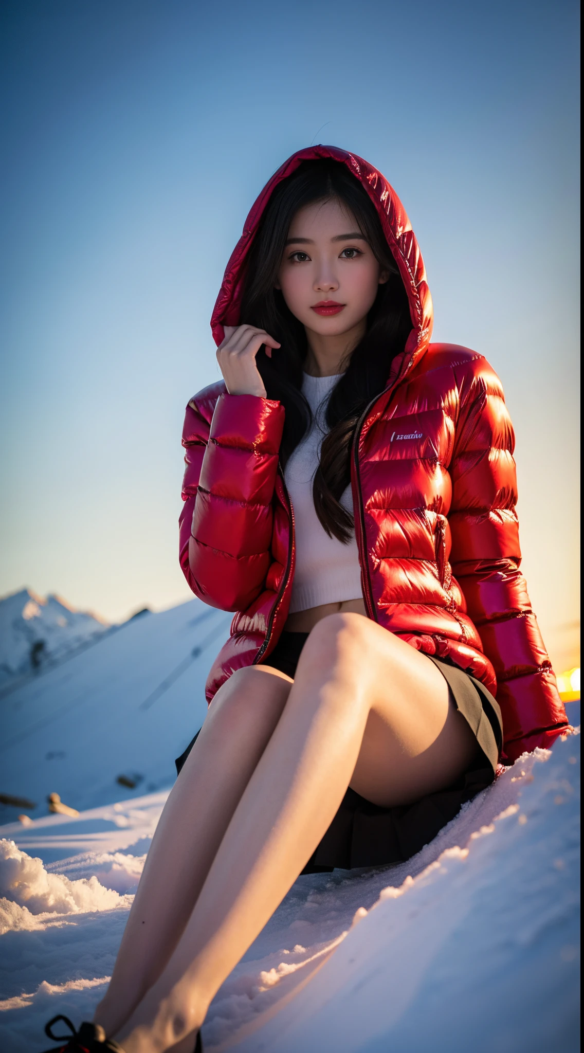 1个Giant Breast Girl，28 year old，(beuaty girl)，Look at the audience，Hooded red down jacket，Plush skirt，nine-headed body，hands and feet，blue long hair，trains,orbiting， snow field, the sunset,(Hyper Real)， (tmasterpiece),((ultra - detailed)), (Highly meticulous),(Least expressive quality:1.2), High quality texture, Complicated details, Detailed texture, Highqualityshadow, 电影灯光, depth of fields, light source contrast，