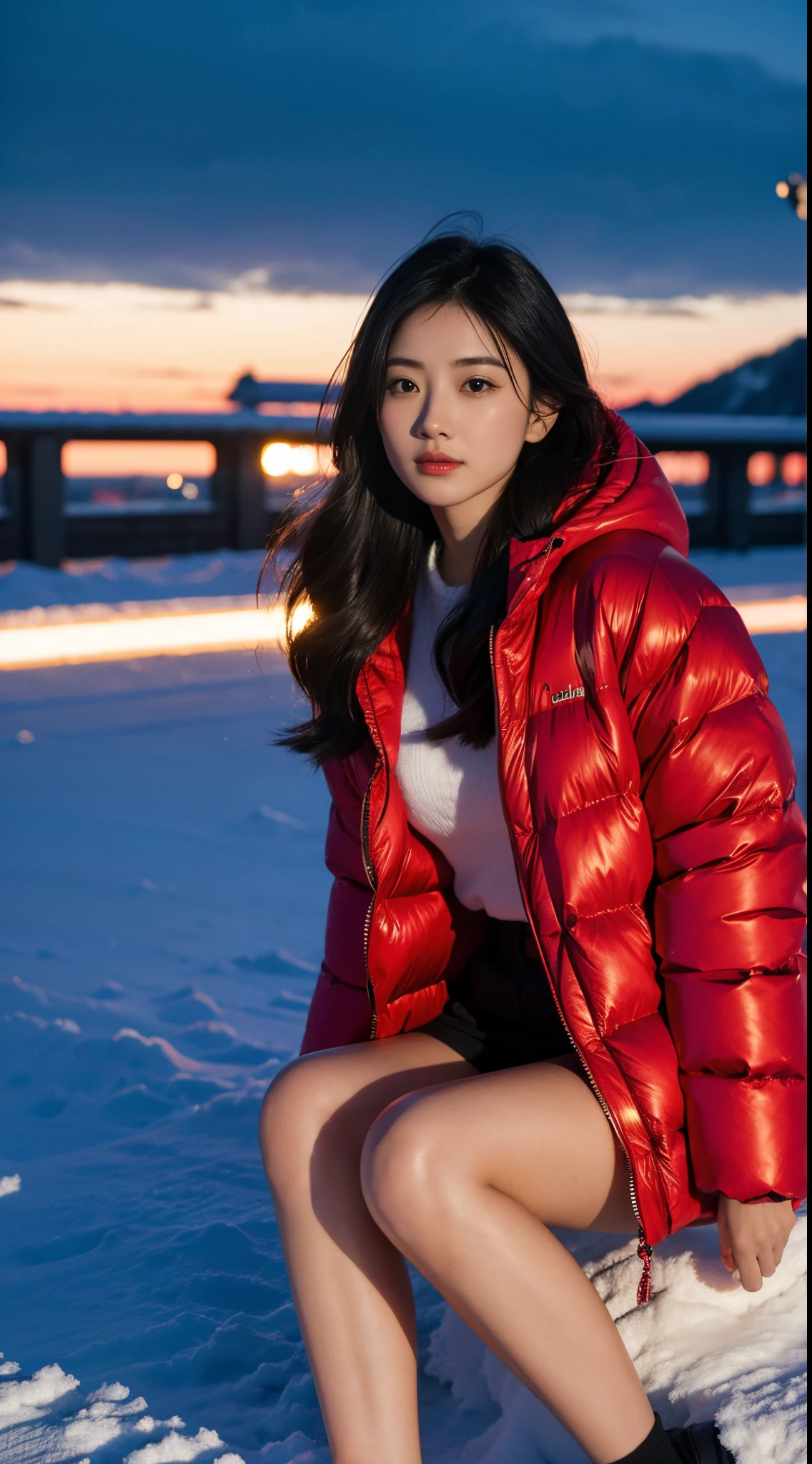 1个Giant Breast Girl,28 year old,(beuaty girl),Look at the audience,fur-trimmed hooded jacket,Red down jacket,hands and feet,blue long hair,trains,orbiting, snow field, the sunset,(Hyper Real), (tmasterpiece),((ultra - detailed)), (Highly meticulous),(Least expressive quality:1.2), High quality texture, Complicated details, Detailed texture, Highqualityshadow, 电影灯光, depth of fields, light source contrast,