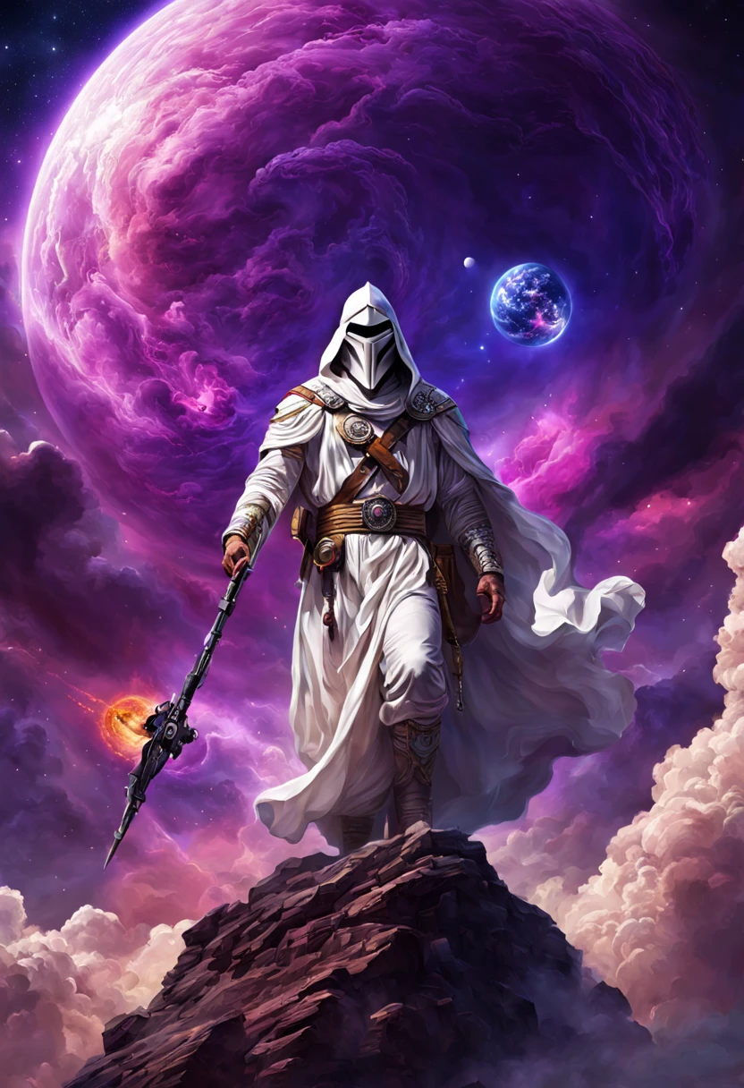 ((master piece)), ku klux klan member realistic best quality, (8k, best quality, masterpiece:1.2), ultra-detailed, illustration, Science fiction, many planets in the skies , clouds around, purple energy scarring around, astral skies