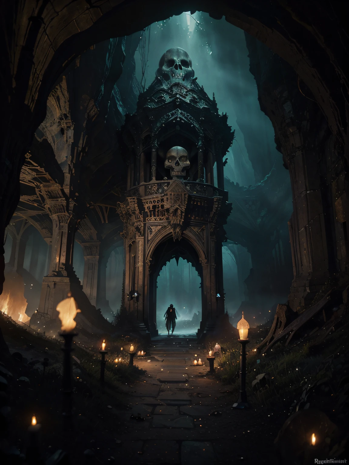 "(by Greg Rutkowski: 1.2), (masterpiece), (best quality), extremely delicate and beautiful, illustration, (fantasy landscape), A mesmerizing fantasy landscape with enchanting elements blending seamlessly. (Majestic cave entrence), (adorned with spooky atmosphere surrounded with skulls). A sense of tranquility and wonder fills the air, inviting exploration and discovery, depth of field, HDR, intricate, delicate"