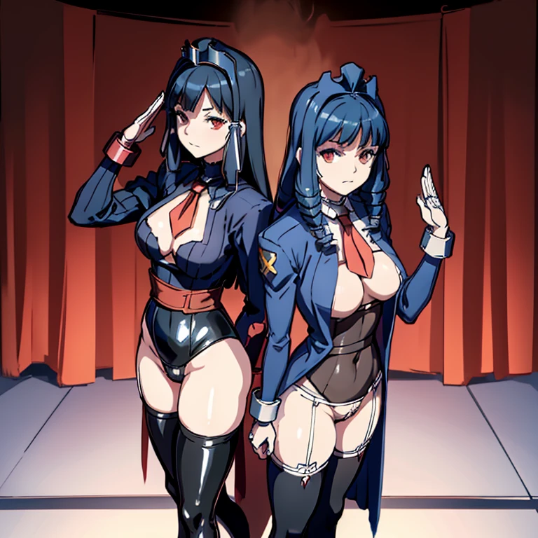 ultra-detailed, Explicit, Beautiful body, Beautiful Nose, Beautiful character design, perfect eyes, perfect face, ultra highres, 4K, beautiful legs, perfect legs, Nice hands, Perfect hand, Masterpiece, Best Quality, Highly detailed, illustration, absurdres, street fighter, doll suit, shadaloo doll, dollsuit, girls, multiple girls, expressionless, blank eyes, looking at viewer, red gloves, emotionless, black latex, corrution, mind control, female combatant, full body, hypnotized, unhappy trance, full body suit, ribbed bodysuit, both arms at side, stand up straight, obey, perfect female body, extremely glossy latex, hypnosis, hypnoLora, empty eyes, Mind control device, poses, brainwashed, submissive_pose, Slave, hat, necktie, stand up straight, standing, standing at attention, belt, extending the right arm from the shoulder into the air with a straightened hand, nazi saluting, military, military saluting, salute, right hand saluting, left hand at side, latex, garter belt, thighhighs, stakes of purgatory, leotard, frilled sleeves, blue jacket, back bow, black bow, cross, armor, black hair, red eyes, short eyes, crown, tiara, kuroinu, kaguya