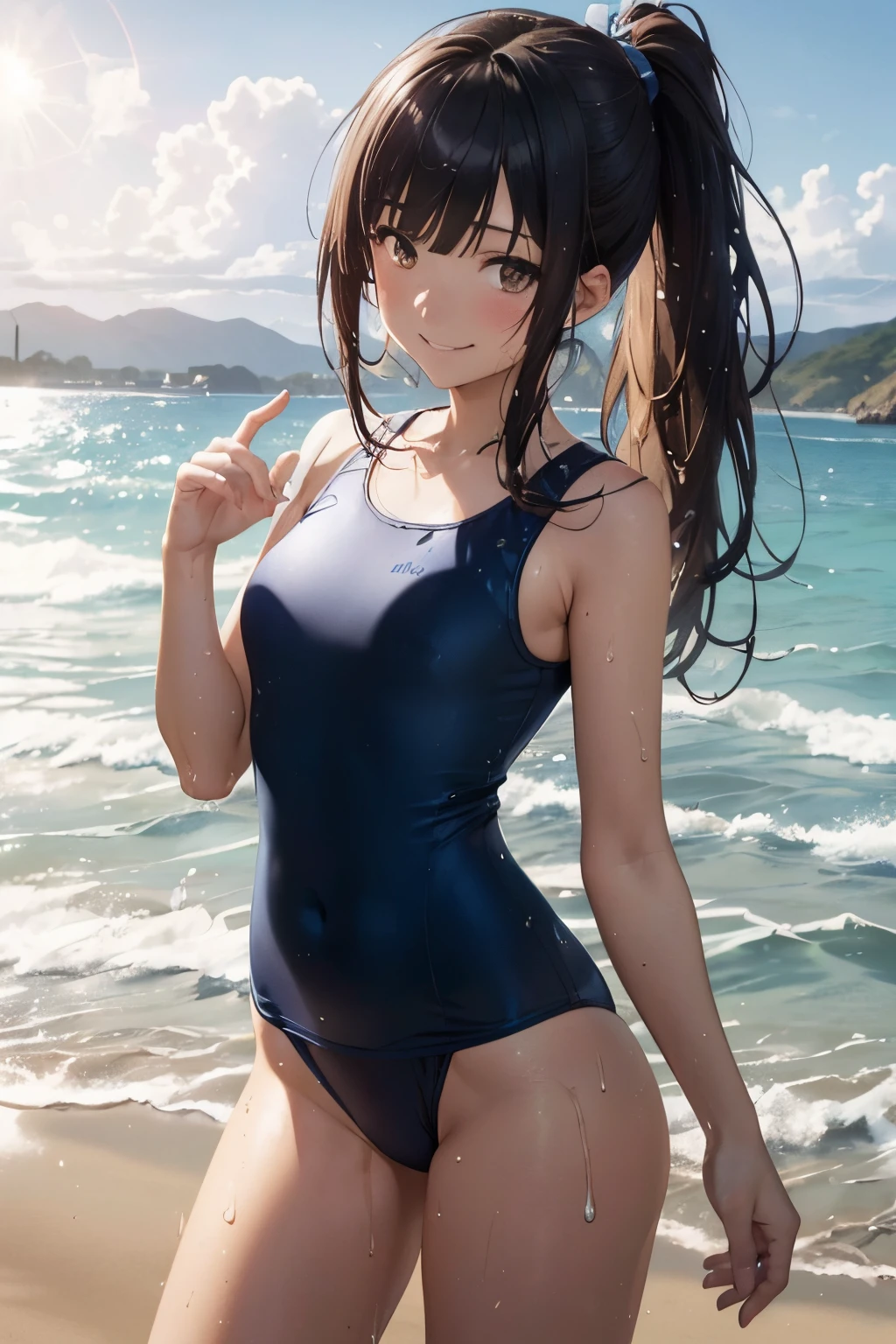 (masutepiece:1.2), (Best Quality:1.1), (hyper detailed illustration)，(beautiful artwork)，(Extreme detail CG Unity)， (8K Wallpaper)、​(exquisite lighting and shadow)、(highly dramatic picture)、(cinematic lens effects)、 Teenager girl standing on the sandy beach，(School swim wear), 1girl in, (School Swimsuit:1.3), Solo, onepiece swimsuit, Outdoors, Long hair, Wet, Covered navel, skyporn, Water, Black hair, (Big smile)， Brown eyes, day, Small breasts, Bangs, Sunlight, Through the thighs, Blue one-piece swimsuit，(Long hair)，(Wet:1.1)，(Water splash:1.1)，Facing，(straggling hair:1.2)， (sunlight shining)，Ponytail，The swimsuit is wet，(Strong sunshine)，(Lens Flare)，(Tsurime)，(from the front side:1.2)，(Sweat)，(Bokeh:1.2)，(Brown eyes)，(Twist waist:1.2)，Cowboy Shot，(Shrugging:1.2)，(open stance:1.2)，(Evil smile)，(Navy Blue School Swimwear:1.3)，Sandy beach，