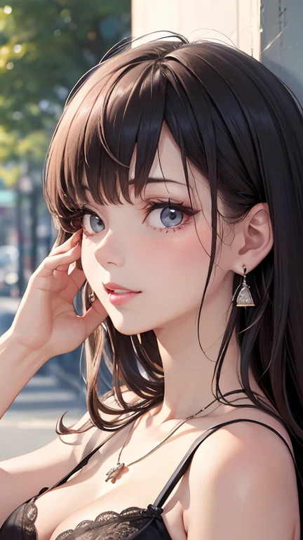 (masutepiece: 1.3), (max resolution: 1.2), (Ultra HDTV: 1.2), cinematric light, (8K resolution), (Detailed eyes and skin, detailed facial features, Perfect limbs、perfect fingers、Anatomically accurate body, Fingers in natural shape), (Sharp Focus: 1.2), (Focus on Face:1.2), Perfect Style, (Beautiful face, kawaii eyes, Clear eyes), acurate, Anatomically correct, Highly detailed face and skin texture, Detailed eyes, Double eyelids, Thin eyebrows, Glitter Eyeliner: 1 Natural cheeks, Glossy skin, Fair skin: 1.2, (Glossy lips: 1.4), (Shy look: 1.2),Highly detailed facial and skin texture, Detailed eyes, Double eyelids, Natural cheeks, ,shiny lips: 1.4,Exposed cleavage, Full body like, (red blush, embarrassed from:1.1), shiny little necklace and earrings, Black bra, (shiny lips: 1.2), (Soft breasts, Firm chest, large udder, Cleavage slightly hidden), (Hide the breast with your hands), red blush、embarrassed from, I see underwear, Public display of sexual activity, Dressing, Neat and clean woman, 22 years old, 1 persons, sexual excitement, bangs flowing diagonally, Long, Hair fluttering in the wind, Put your hair on the side of your ear with your hands, (Black hair, Lustrous hair), (#retro feminine style, #retro, #feminine, #rcasual), #outdoors, #Enjoy everyday activities, #a smile, #Natural look