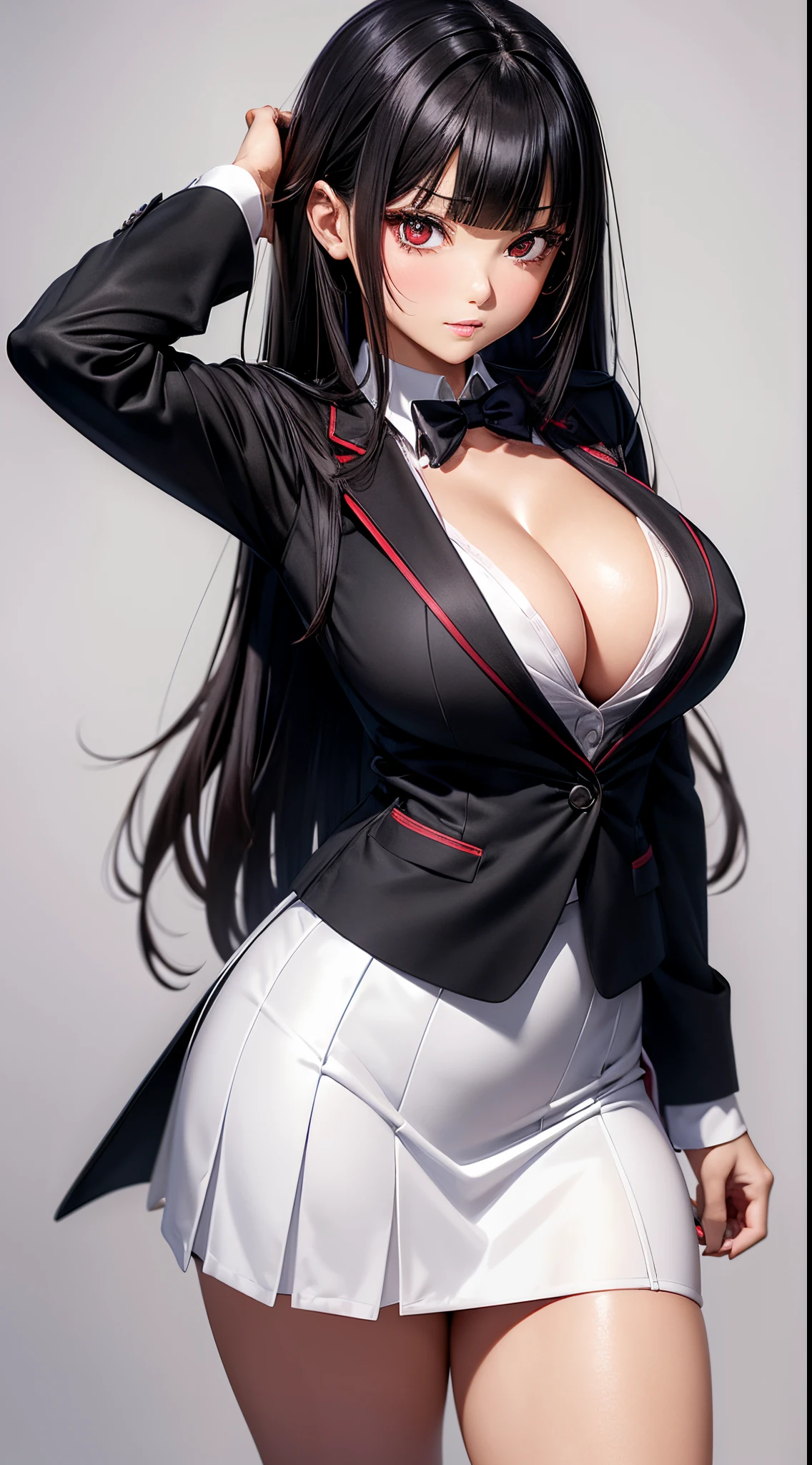 ((Best Quality)), ((masutepiece)), (Detailed), (highlight), Perfect face　Young girl with detailed face showing cleavage、Red eyes and long, thick, glossy, beautiful black hair with blunt bangs、Single-color background、Standing student council president wearing blazer and miniskirt school uniform