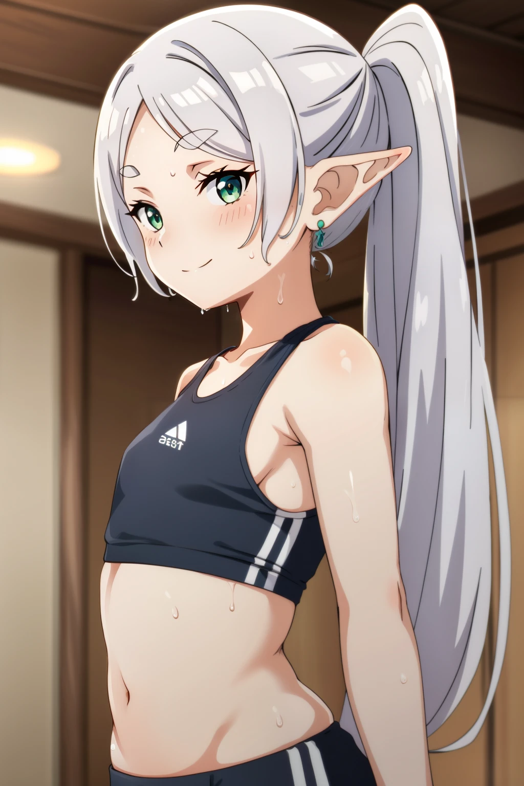 standing, standing,, navel, split, blurry background, back sideview, smile,embrased, red blush,  bow,  gym, looking at viewer, blush, sweat, solo, sports bra,  1girl, ,small breasts,wet body, Small breasts ,elf,white hair,grey hair,earrings,pointy ears,long hair,ponytail,green clean eyes, clean eyes, twintails,parted bangs,thick eyebrows,