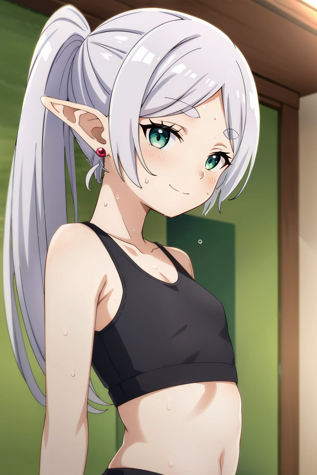 standing, standing,, navel, split, blurry background, back sideview, smile,embrased, red blush,  bow,  gym, looking at viewer, blush, sweat, solo, sports bra,  1girl, ,small breasts,wet body, Small breasts ,elf,white hair,grey hair,earrings,pointy ears,long hair,ponytail,green clean eyes, clean eyes, twintails,parted bangs,thick eyebrows,