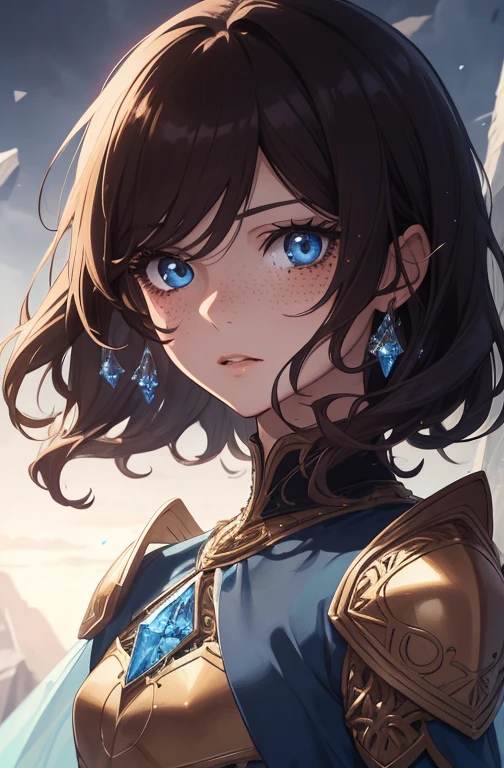 1girl, beautiful anime girl, short wavy brown hair, freckles. crystal armor, armor made of crystals, blue cape, long skirt, dark eyelashes, perfect eyes, perfect face, intricate, intricate details, epic, character portrait, cinematic portrait, anime, anime art