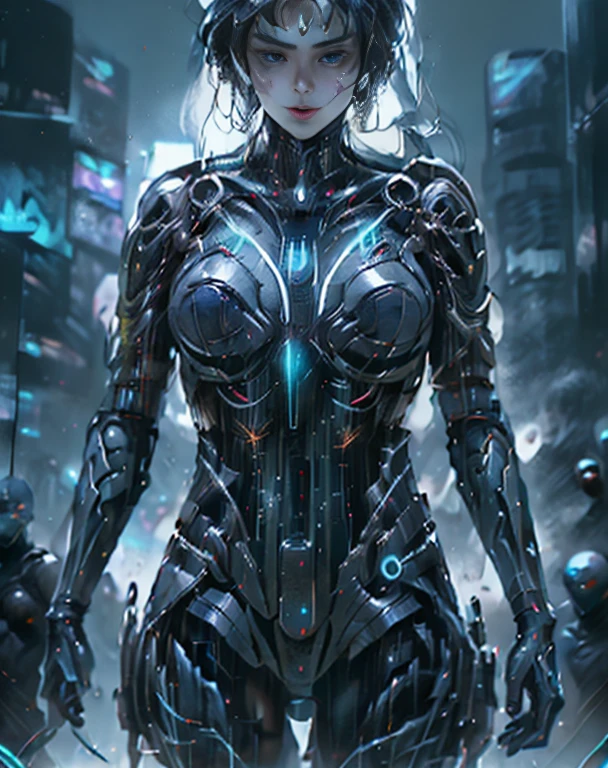 una mujer con un traje negro sosteniendo un cuchillo y una espada, TRONO, Legado de TRON, Cibertrajes, Colores del legado de TRON, Cibertraje, cyber suit, Configuring TRONO Legacy, as a retrofuturistic heroine, Diferentes cibertrajes, tron legacy jesus, Tron Legado Jesucristo, sci-fi female, movie still of a cool cyborg, Traje Cyberpunk, Traje de cuerpo completo Laserpunk