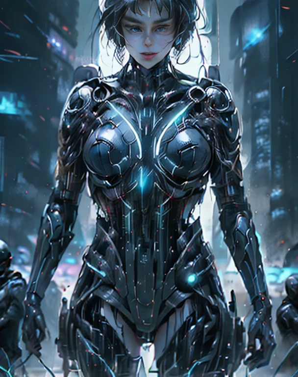 una mujer con un traje negro sosteniendo un cuchillo y una espada, TRONO, Legado de TRON, Cibertrajes, Colores del legado de TRON, Cibertraje, cyber suit, Configuring TRONO Legacy, as a retrofuturistic heroine, Diferentes cibertrajes, tron legacy jesus, Tron Legado Jesucristo, sci-fi female, movie still of a cool cyborg, Traje Cyberpunk, Traje de cuerpo completo Laserpunk