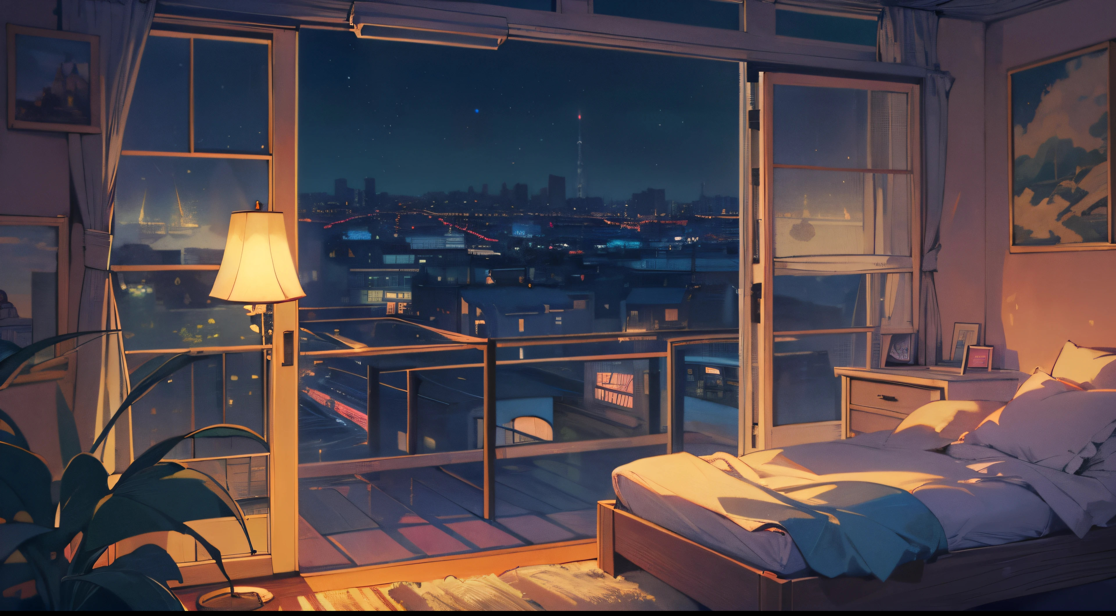((ultra - detailed)), A girl relaxes in a cozy bedroom, (the night), on a rooftop, (Beautiful night view outside the window), A lot of things, short detailed hair, 2 d anime style, 90s anime aesthetic, Lo-Fi, The is very detailed, hdd, anime style mixed with fujifilm, hyper realisitc, Best quality at best, 8K, tmasterpiece, A high resolution
