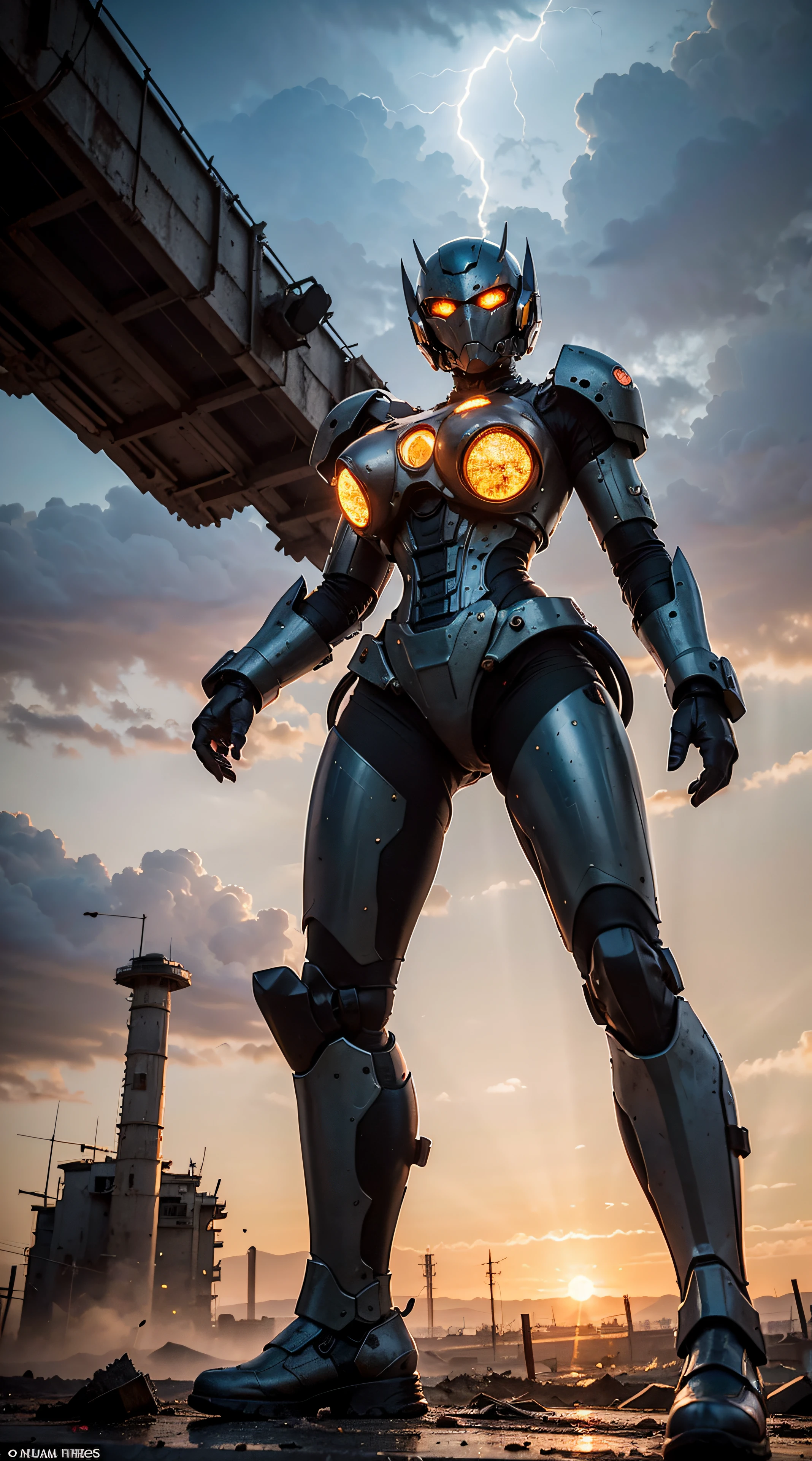 (Best quality,Masterpiece:1.2, Dynamic Angle, Ultra-detailed),NSFW, Full body shot of a towering mech girl,Majestic chrome mech warrior with glowing blue eyes,Powerful hydraulic limbs and smooth armor,Strong and confident,Girls have big breasts,The seductive face is shy,The body is facing the audience,public humiliation ,squatt,Hands on the ground,In a vast post-apocalyptic landscape,Scattered ruins and debris surrounded her,Billowing dust was generated under her metal feet,Mech armor that reflects the sun's rays,Casting a beautiful golden glow,The background is filled with dramatic clouds and broken remnants of the city,The colors of the setting sun paint the sky fiery orange and deep purple,Lightning illuminated the ominous clouds,Huge energy sword,Flashing bright blue light,Sparks and cracklings,The mech's fists clenched,As if ready for battle,The strength and determination that radiates from her,Capture the scene before the conflict,Tentacles,A mecha girl with transparent tentacles wrapped around her body,Be red in the face,salama,Lightning effects