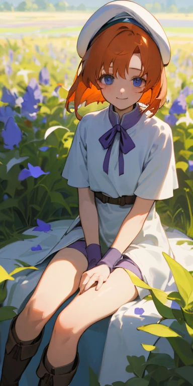 1girl in,beautful view,(masterpiece、top-quality)、Field of green plants and flowers,short head hair,Orange hair,Blue wristband,Purple ribbon,Black Socks,Brown boots,shortsleeves,sitting on,happiness,Blue eyes,Warm lighting、robe blanche、White beret