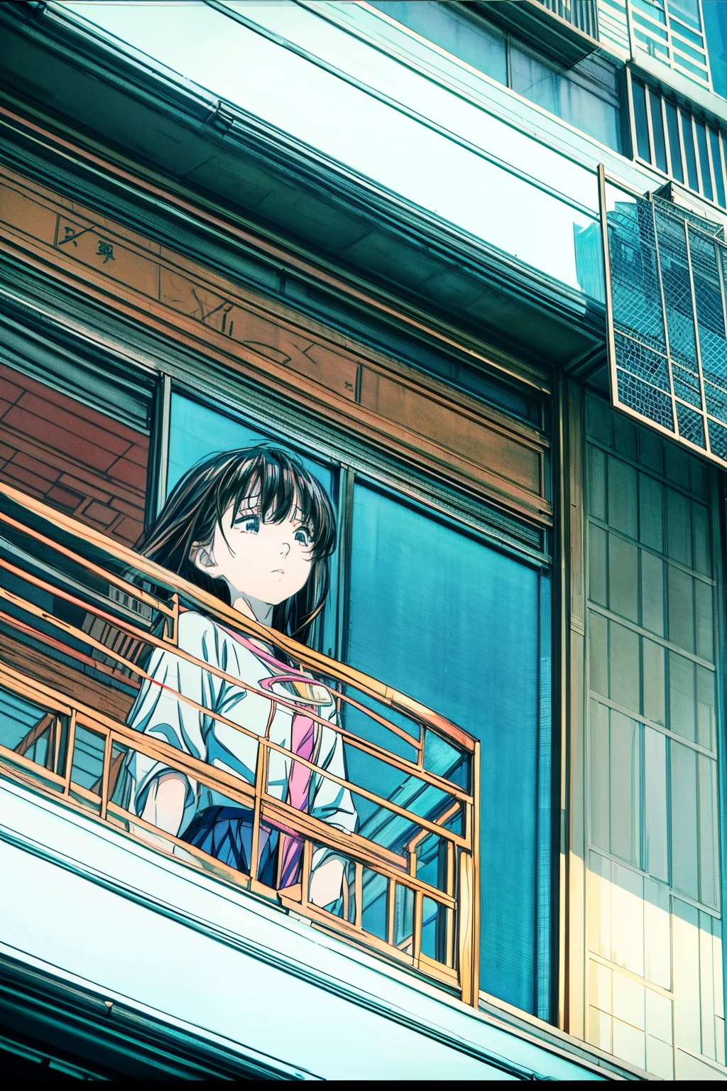 Alone_Girl high 、The action is exaggerated、((quality、8K、tmasterpiece:1.3))、(Clear focus:1.2)、(Manhwa Style),(Popular inspiration),(linear art_jpn)、(pastelcolor:1.2),(the complex background:1.2),(Lola:Add more details:1.2)、Clear silhouette、sharp lines background、Colorful,On a tall building