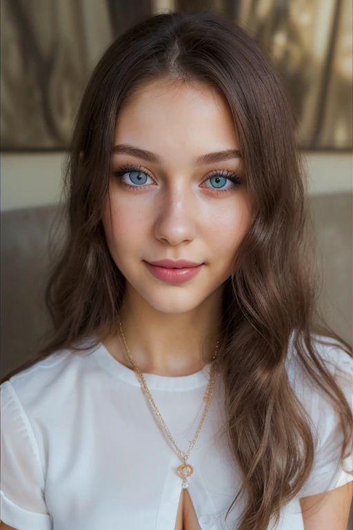 k31r4, looking at viewer, facing viewer, brown hair, long hair, portrait, smile, <lora:k31r4-16:1.2>, epiCPhoto