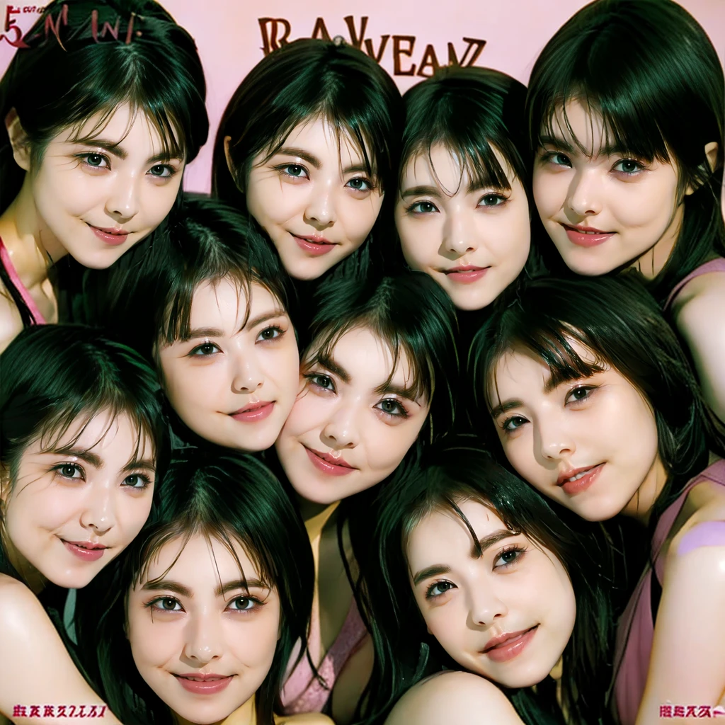 Raw photo、((5girls)),Open eyes、Five women kissing and loving each other、The same face、A dark-haired、a smile、same person、(lesbian orgy)