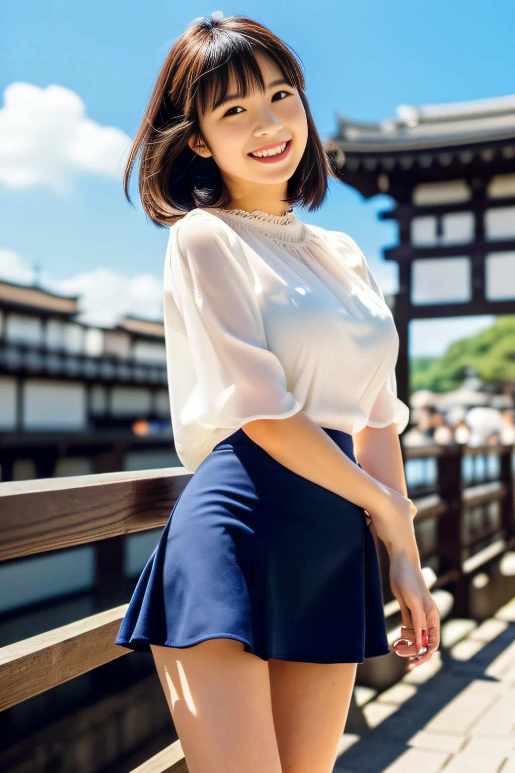 ((beautiful tourists、stunningly beautiful woman、peace in japan:1.6,16K High Resolution),A fascinating body that bursts、love you、(Supergianthugebreasts:1.6,beautiful thigh),See-through blouse、see-through mini skirts、 Smile、sightseeing、sunny sky、model poses 、The city of Kyoto、