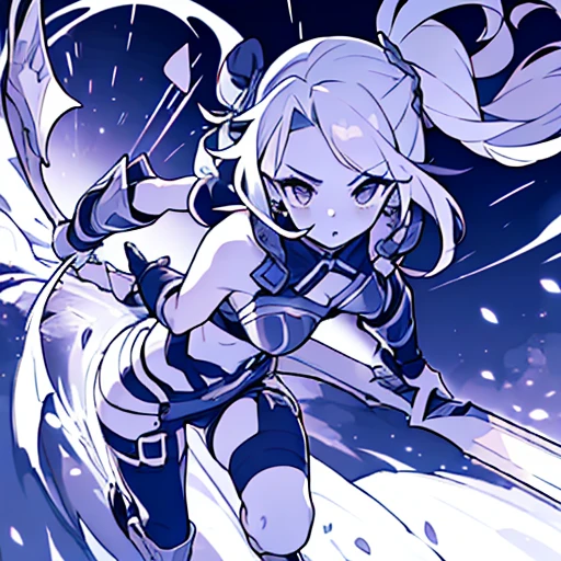 (((8k,Best Quality)), Masterpiece, outdoor, girl, holding sword, dynamic pose, gauntlet, trail effect, feet out of frame, looking at viewer, bikini armor, variety of hairstyles, variety of hairstyles, solo, twin-tail hair style, pony-tail hair, wavy long hair, braid, parted bangs, high ponytail, low ponytail, big hair, cornrows, hair bun, hair rings, half updo hairstyle, diagonal bangs, two side up hair, flipped hair, blunt bangs, monochrome,