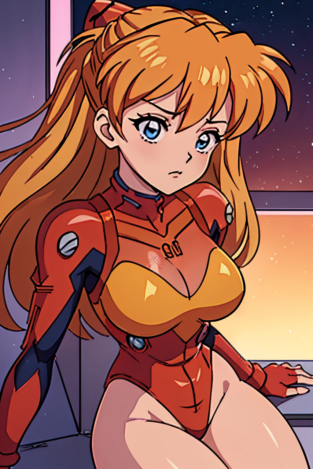 (down view),dynamic angle,ultra - detailed, illustratio, closeup cleavage, direct, 1个Giant Breast Girl, 
 ((Soryu Asuka Langley, Interface headset, red leotard:1.4, blond hairbl)),Her eyes sparkle like dreamy stars,(glowing light eyes:1.233),(美丽细致的眼睛:1.1),(face expressionless,Keep your mouth shut),(Mechanical room with tools and spaceship windows in white spaceship),
(the night:1.2),dream-like, [[Slender fingers and hands:0.55]::0.85],(detail finger),