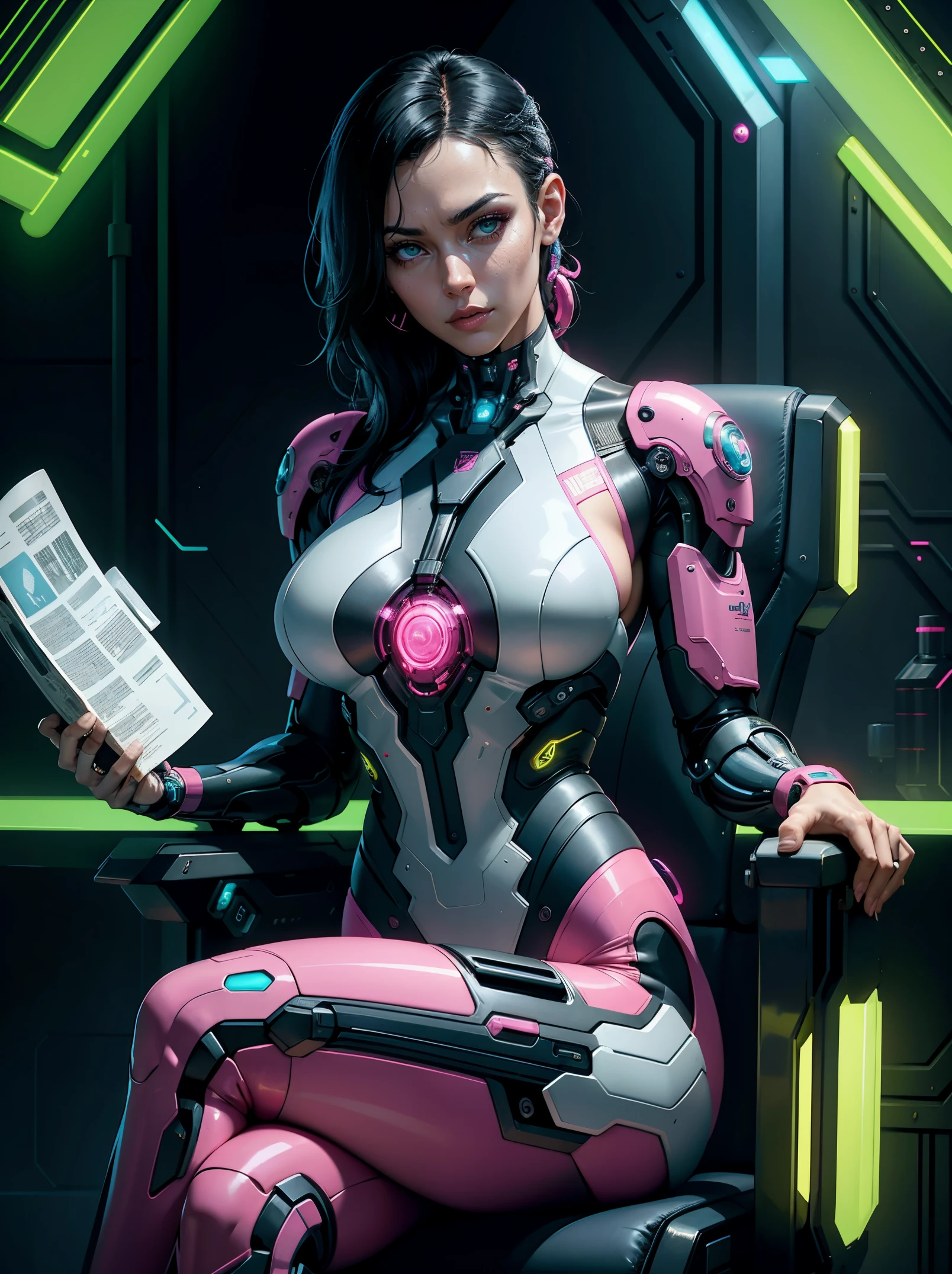 Vladisava Galagan 25 anos, black hair, as a bodybuilder cyborg with bionic parts in your body, cyberpunk swinsuit, pink-white-lime green, reading a magazine leaning on your crossed legs on the futuristic chair, futuristic lab, blueprint, photostudio composition, digital art, illustration concept art in the style of Artgerm and Adam Hughes
