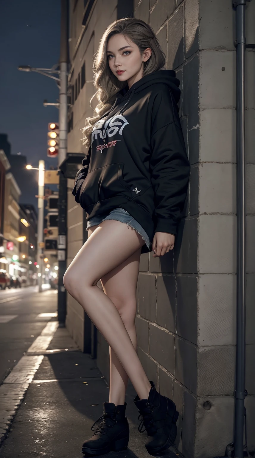 a 25yo woman、Hair color is a gradation of brunette and platinum、Eye color is blue、Long hair is wavy、setting the hairstyle、wearing eye shadow and lipstick、accessories on wrist、Slender but well-proportioned muscular body、Wearing a hoodie and covering the hood、I have my hand in my hoodie pocket.、Low-rise8I'm wearing cropped leggings、a smile、I'm standing next to a wall in a downtown area at night.
