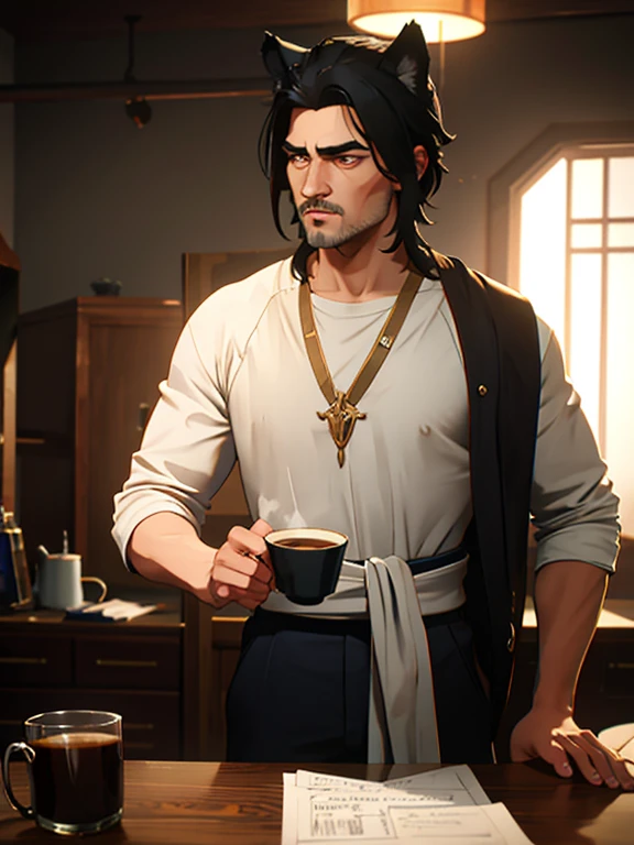 Masterpiece, best quality,
1 man, aged up, mature, light scruff on jaw, black hair, short messy black hair, hospital patient clothing, telekinesis, lifting coffee mug with telekinesis, light gray eyes, fluffy black wolf ears on head, black wolf tail on back of waist, dark circles under light gray eyes, annoyed and tired expression
 (masterpiece:1,2), best quality, masterpiece, highres, original, extremely detailed wallpaper, perfect lighting,(extremely detailed CG:1.2),